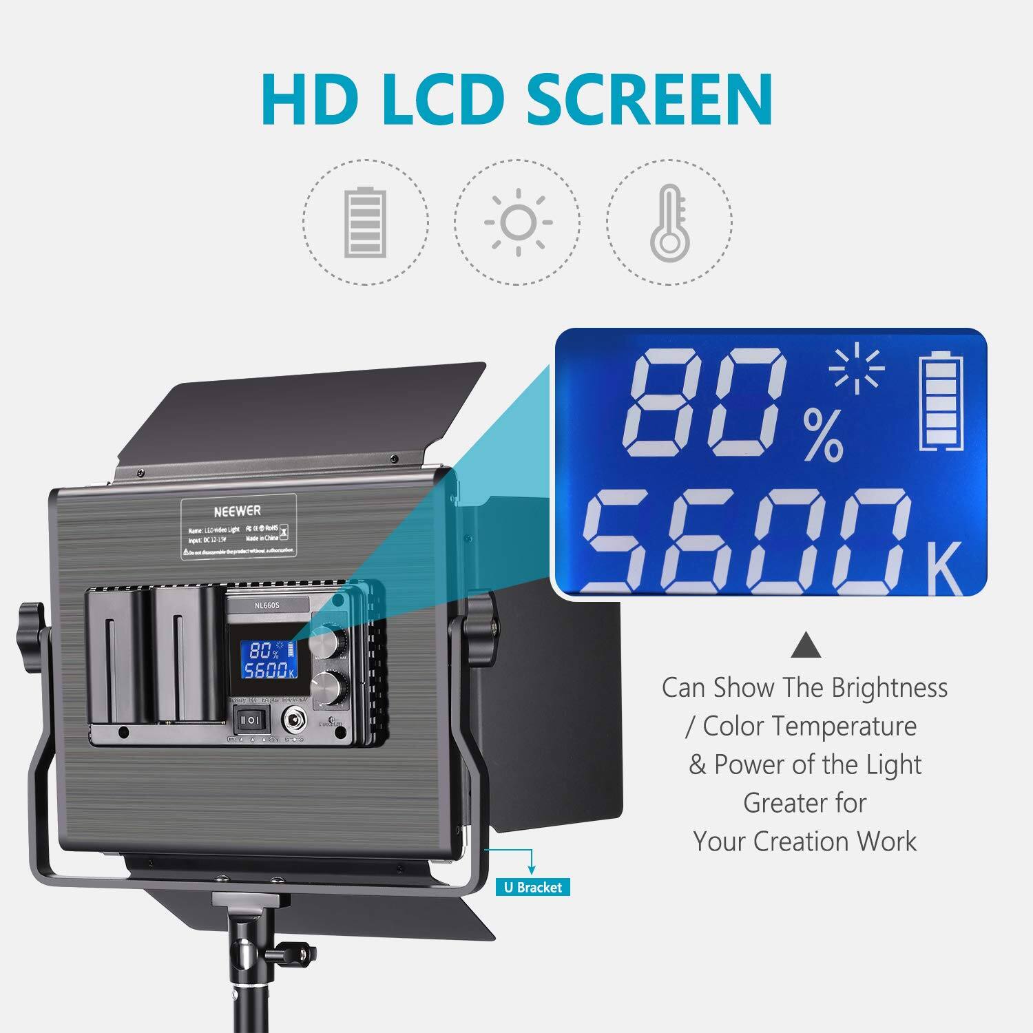 HD LCD SCREEN NEEWER - i -  ..  -  - NLANOS 80 L I S600 - 101 80% 5600 K Can Show The Brightness / Color Temperature & Power of the Light Greater for Your Creation Work U Bracket