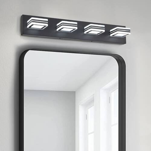Left. LUCKY ONE - 26in Wall Mount LED Vanity Light, 4-Light Black Fixture with Square Acrylic Shades for Bathroom - Black.