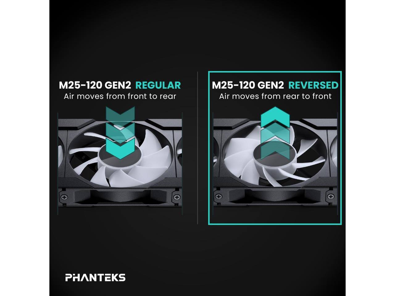 M25-120 GEN2 REGULAR  
Air moves from front to rear  

M25-120 GEN2 REVERSED  
Air moves from rear to front  

PHANTEKS