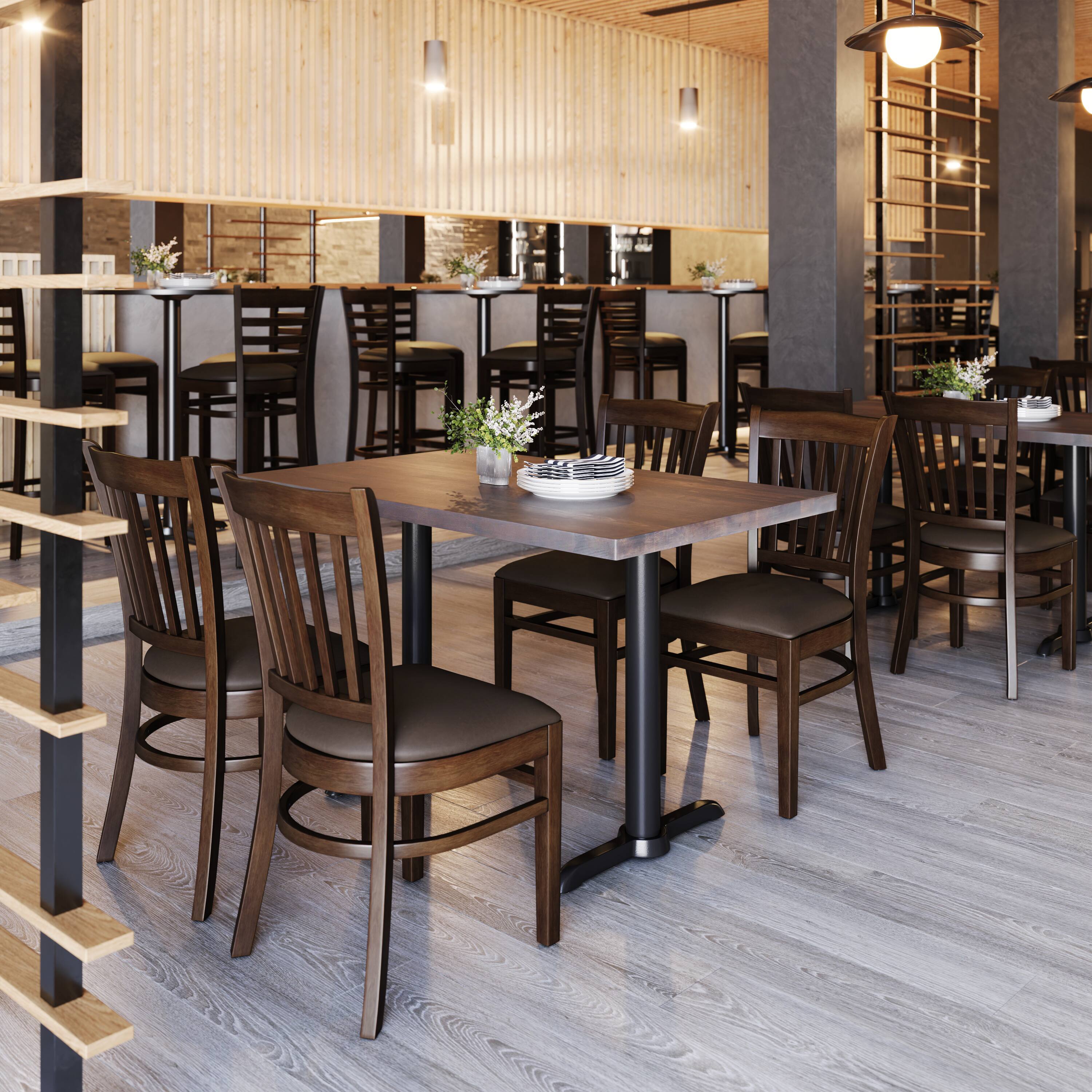 Alt View 1. Emma + Oliver - Vertical Slat Back Wooden Restaurant Dining Chair - Mocha Vinyl Seat/Walnut Wood Frame.