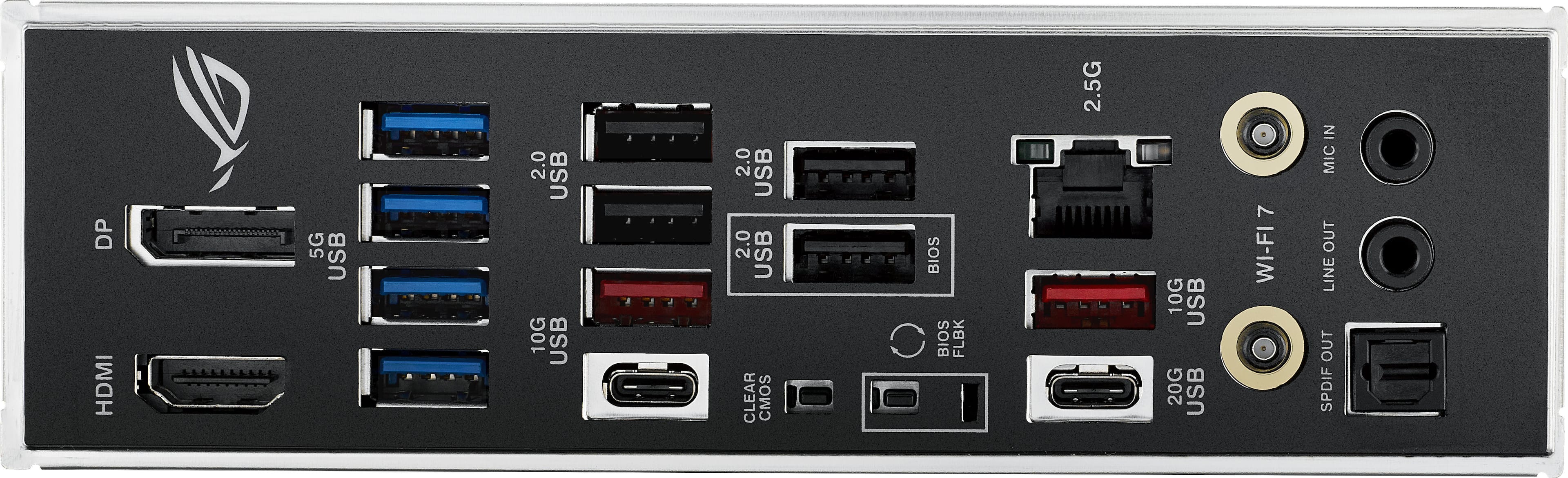 DP, HDMI, 5G USB, 2.0 USB, 10G USB, 2.0 USB, 2.0 USB, USB C, CMOS BIOS, C BIOS, FLBK, 2.5G, 10G USB, 20G USB, 7 WI-FI IN, MIC OUT, LINE OUT, SPDIF.