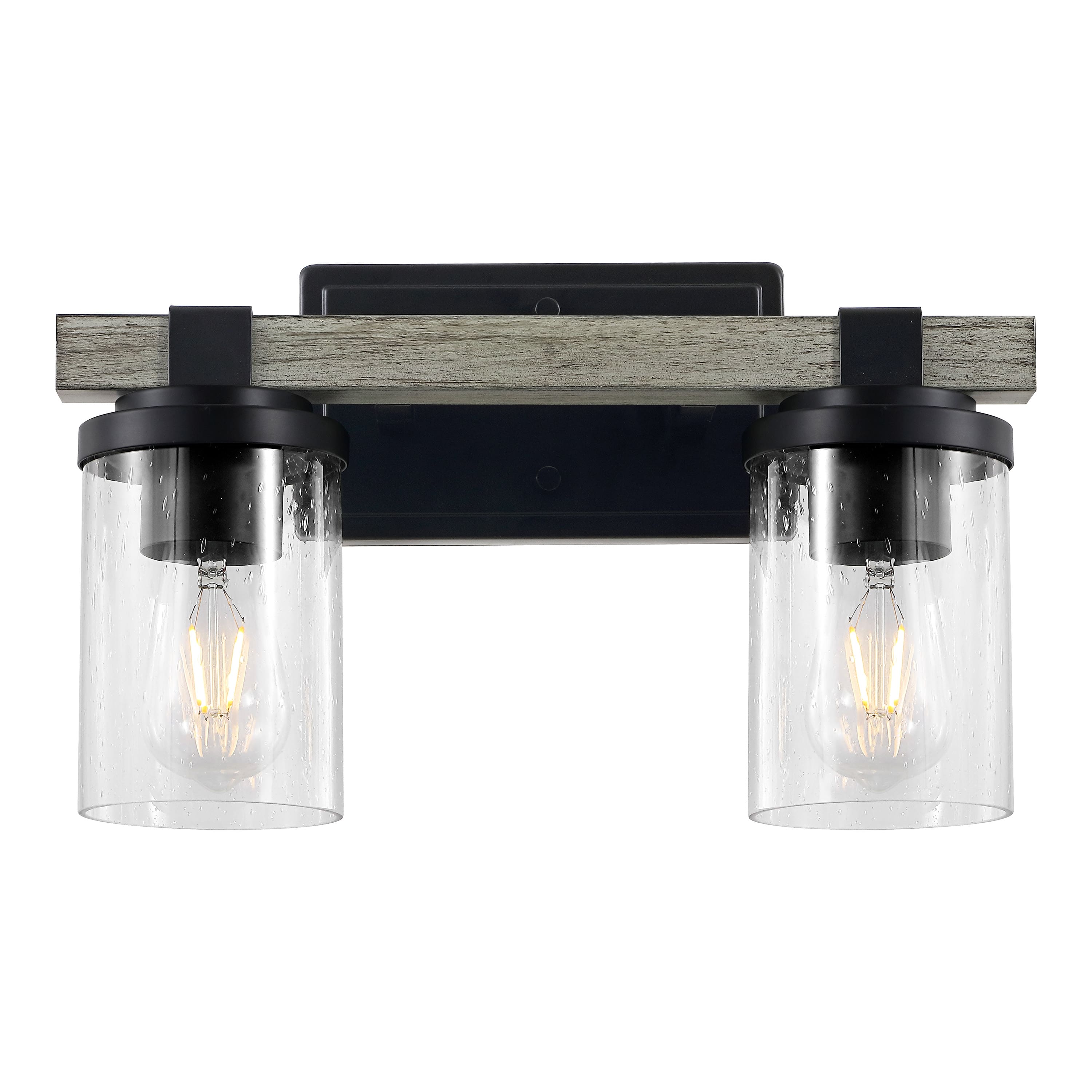 "Jonathan Y - Bungalow 15"" 2-Light Iron/Seeded Glass Rustic Farmhouse LED Vanity Light - Black/Gray Oak Wood Finish" price history on PriceWatchPro