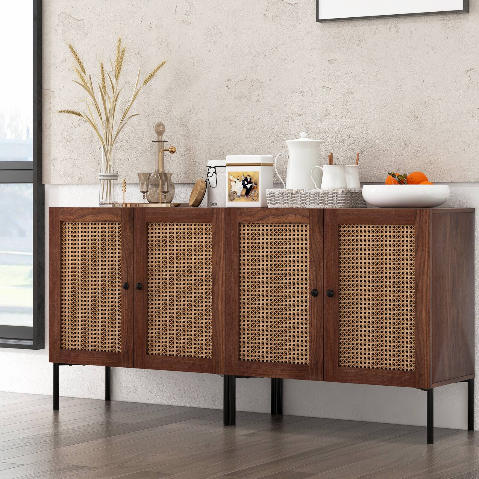 Alt View 3. Costway - Costway Set of 2 Rattan Buffet Sideboard Wine Cabinet Cupboard w/Adjustable Shelf - Walnut.