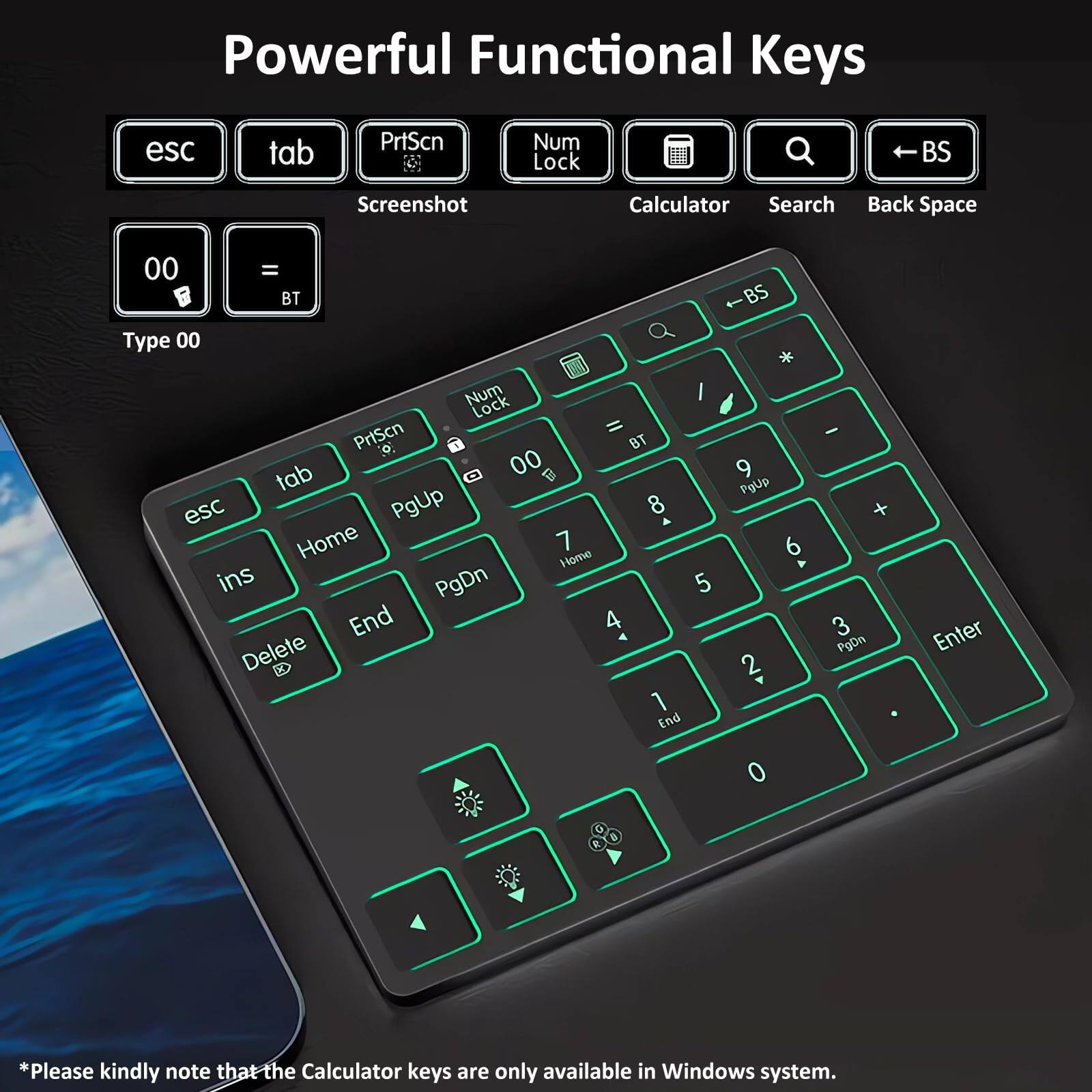 Powerful Functional Keys

- esc
- tab
- PrtScn (Screenshot)
- Num Lock
- Calculator
- Search
- Back Space (BS)

Type 00

*Please kindly note that the Calculator keys are only available in Windows system.