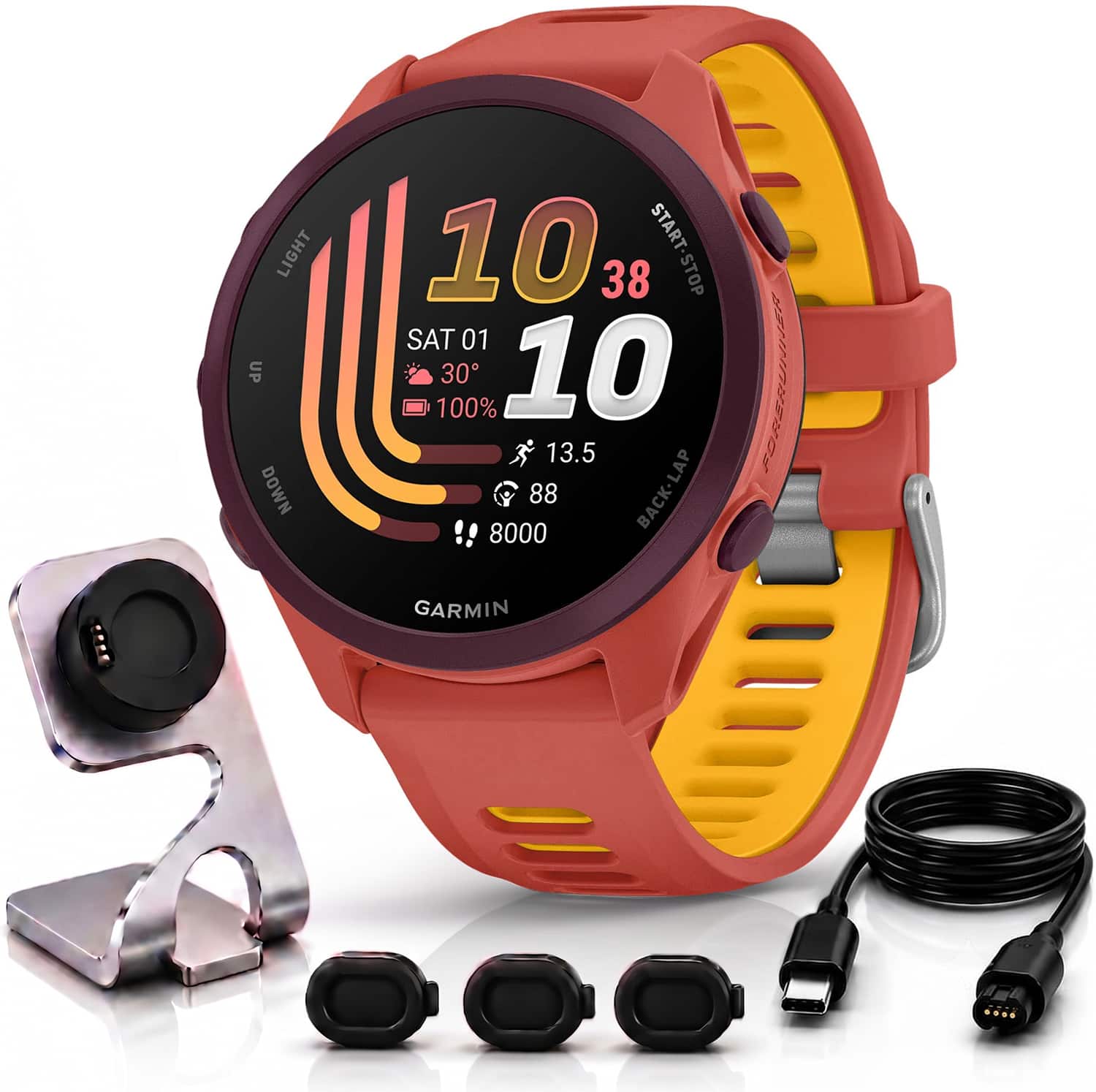 Garmin - Forerunner 170 Music GPS Smartwatch 43 mm Fiber-Reinforced polymer + Charging Dock & Extra Cable Bundle - Red Pink with Red Pink/Mango Band - (2026)