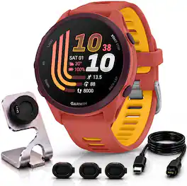 Garmin - Forerunner 170 Music GPS Smartwatch 43 mm Fiber-Reinforced polymer + Charging Dock & Extra Cable Bundle - Red Pink with Red Pink/Mango Band - (2026)