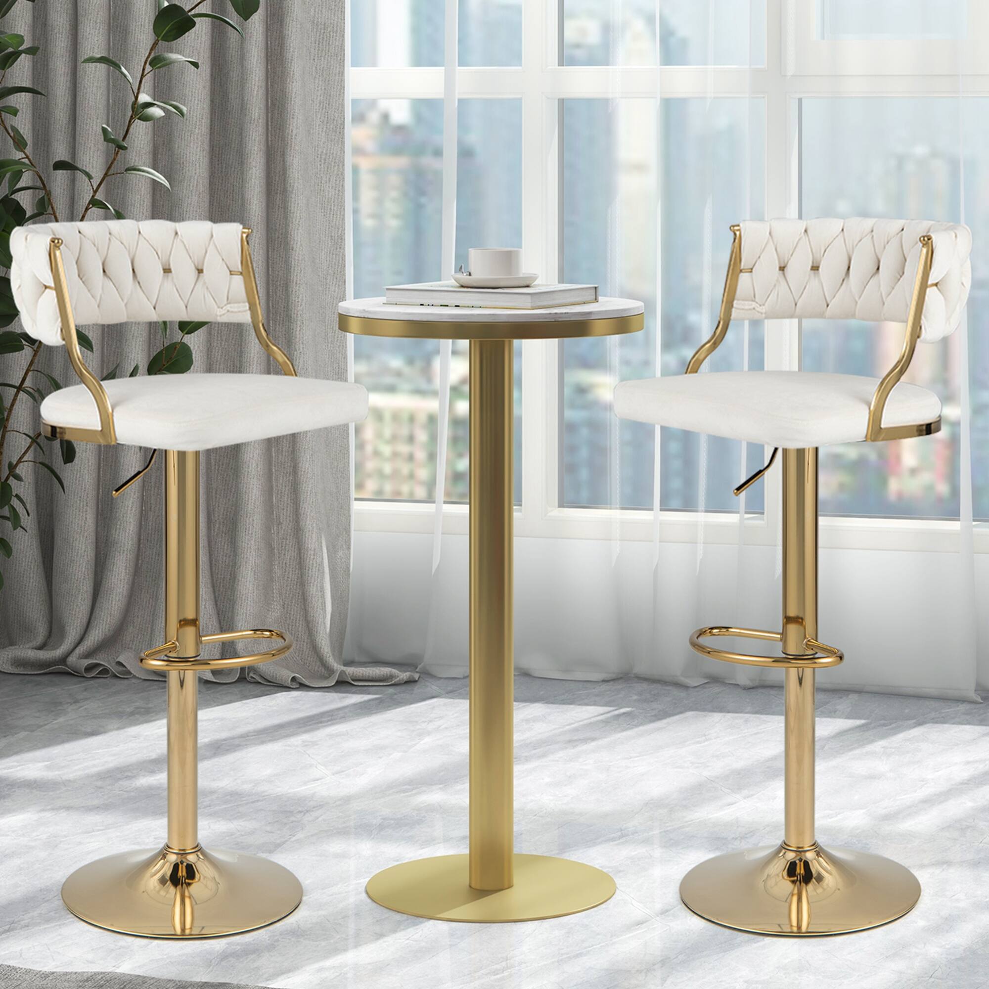 Alt View 3. Costway - Swivel Velvet Bar Stools Set of 2 Upholstered Adjustable with Woven Backrest - Beige/Gold.