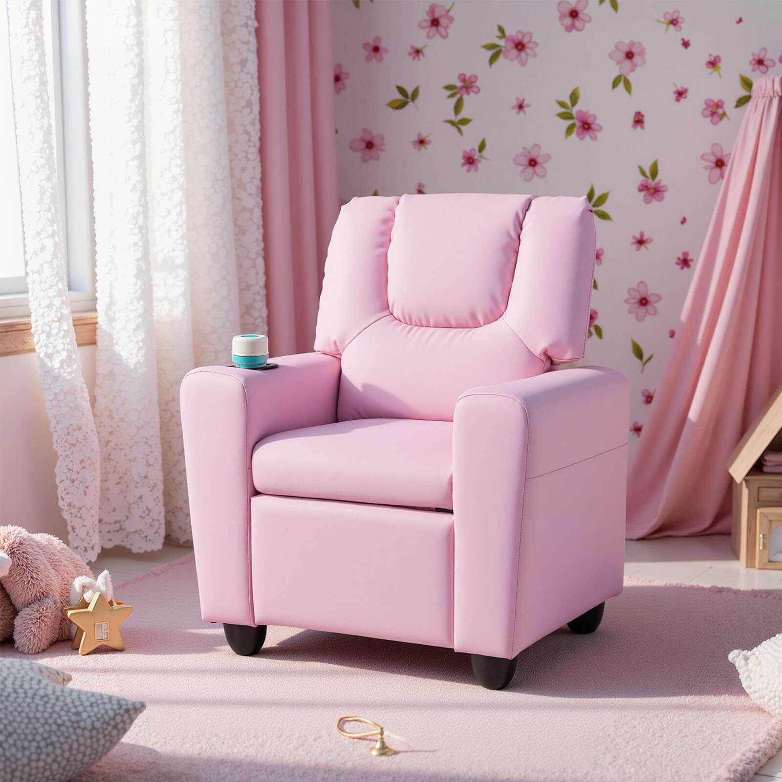 Alt View 1. Costway - Costway Kids Recliner with Cup Holder Adjustable Backrest & Footrest for Boys & Girls - Pink.