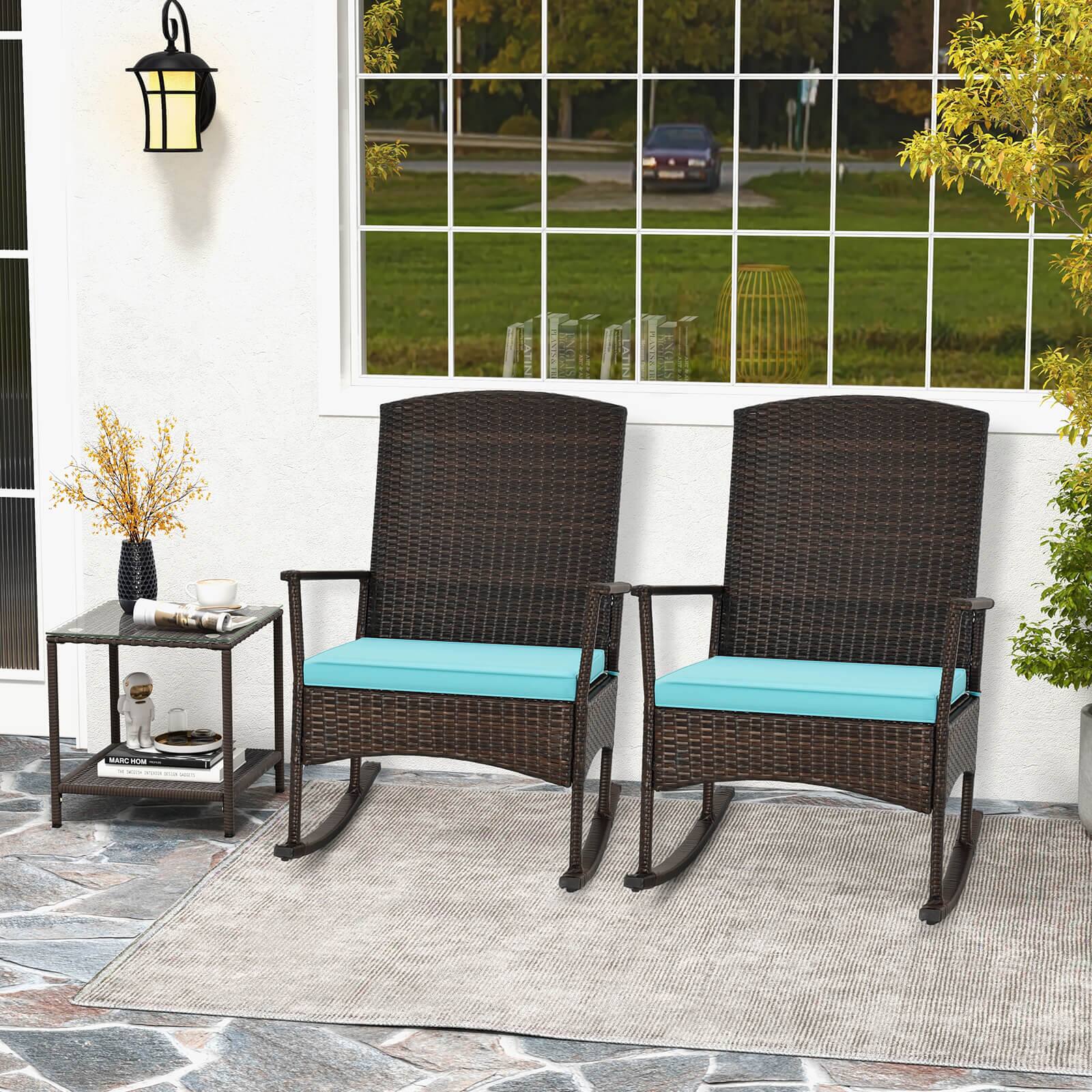 Alt View 4. Costway - Costway 3 Piece Patio Rocking Set Wicker Rocking Chairs with 2-Tier Coffee Table Turquoise - Turquoise.