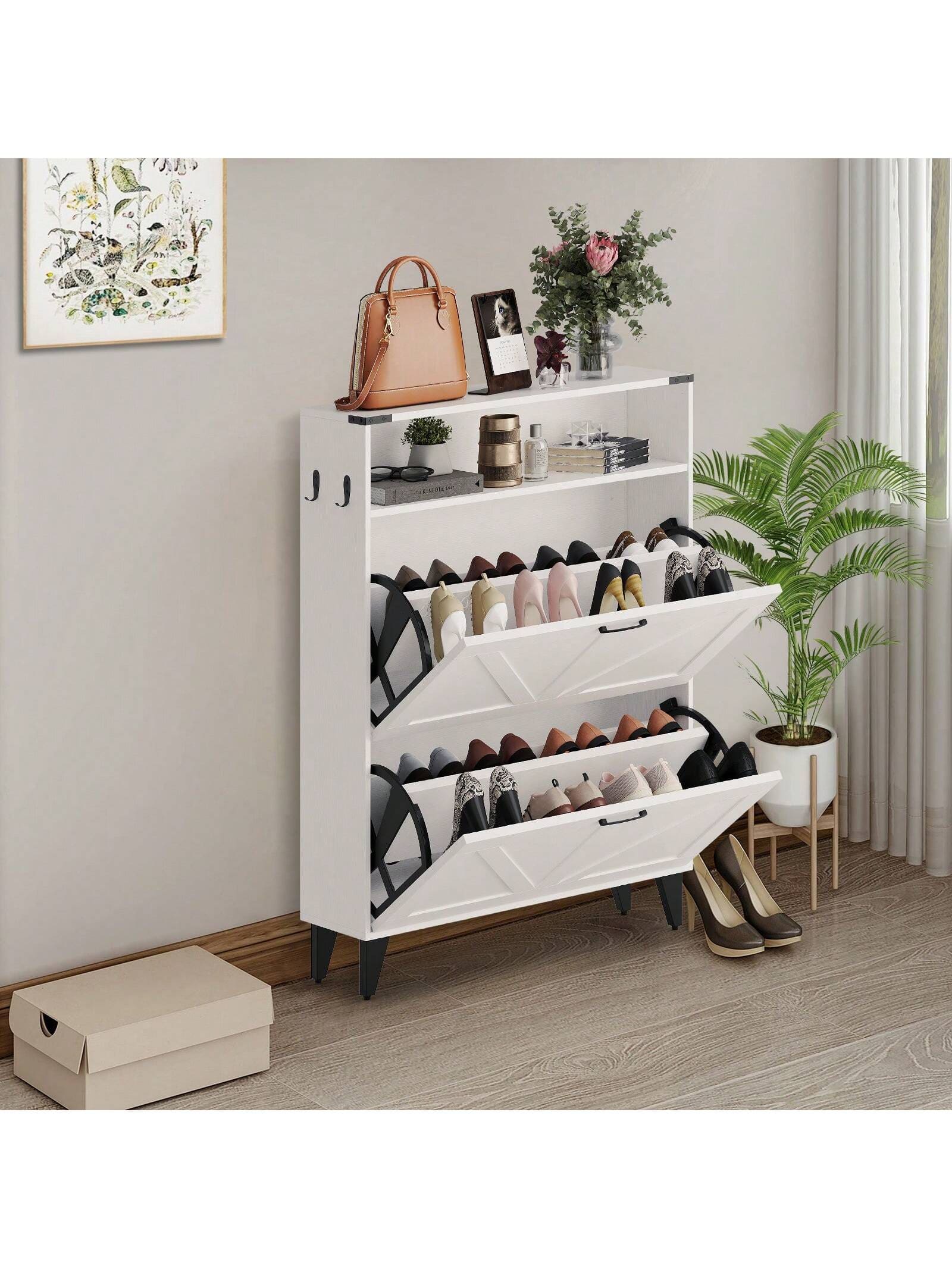 GARVEE - Narrow Shoe Cabinet Entryway Cabinet With Shoe Storage Shoe Cabinet With 2 Flip Drawers Freestanding Shoe Cabinet - White