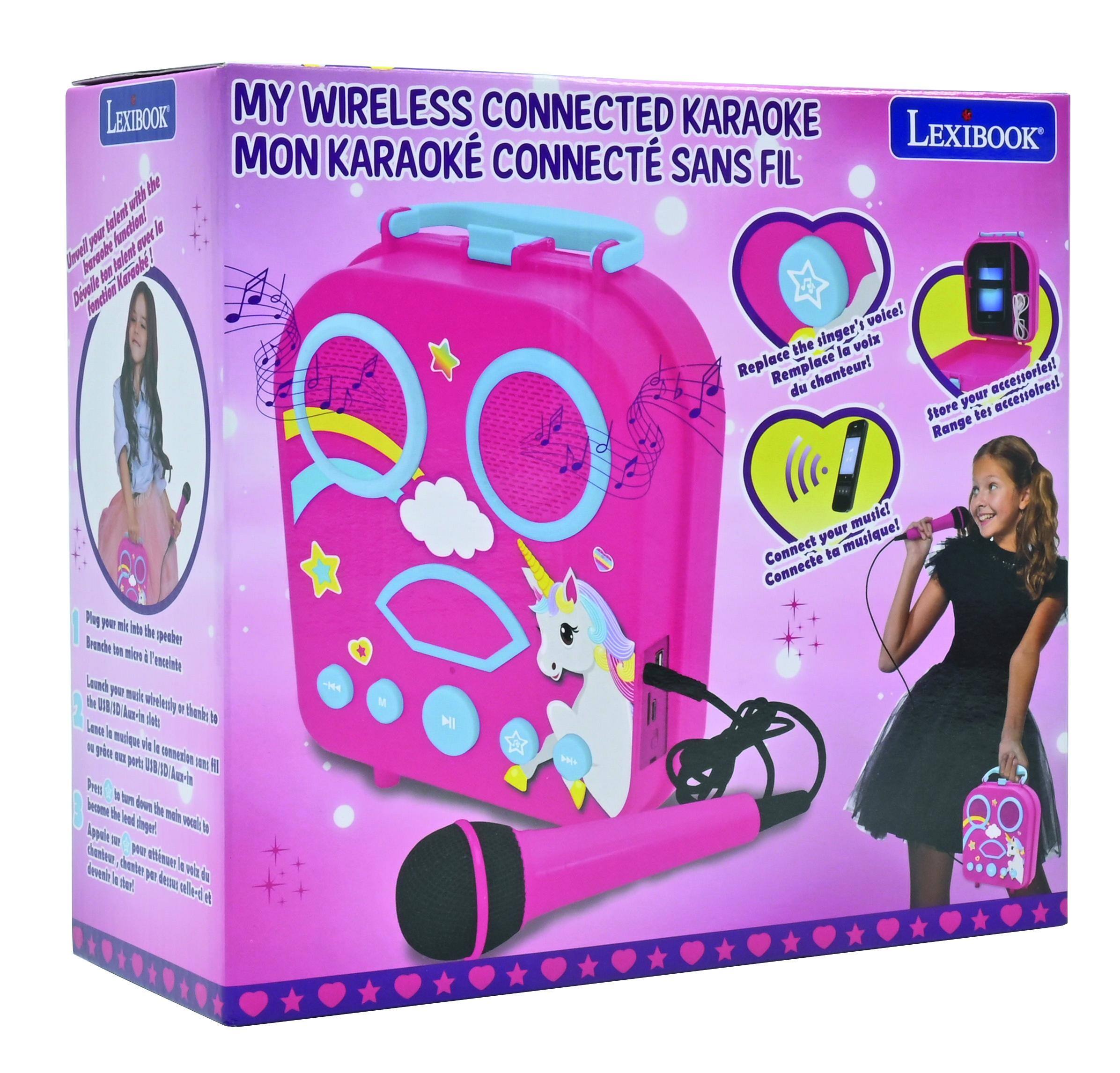 LEXIBOOK

MY WIRELESS CONNECTED KARAOKE  
MON KARAOKE CONNECTÉ SANS FIL

- Replace the singer's voice!  
- Remplace la voix du chanteur!

- Store your accessories!  
- Rangez les accessoires!

- Connect your music!  
- Connecte ta musique!

- Plug your mic into the speaker  
- Branchez le microphone dans le haut-parleur

- Launch your music wirelessly from your phone or tablet  
- Lancez votre musique sans fil depuis votre téléphone ou tablette

- Connect the mic  
- Connecte le microphone

- Play music from the USB port  
- Jouez de la musique depuis le port USB

- Connect the speaker to the TV  
- Connecte le haut-parleur à la TV

- Connect the speaker to the TV  
- Connecte le haut-parleur à la TV

- Connect the speaker to the TV  
- Connecte le haut-parleur à la TV

- Connect the speaker to the TV  
- Connecte le haut-parleur à la TV

- Connect the speaker to the TV  
- Connecte le haut-parleur à la TV

- Connect the speaker to the TV  
- Connecte le haut-par