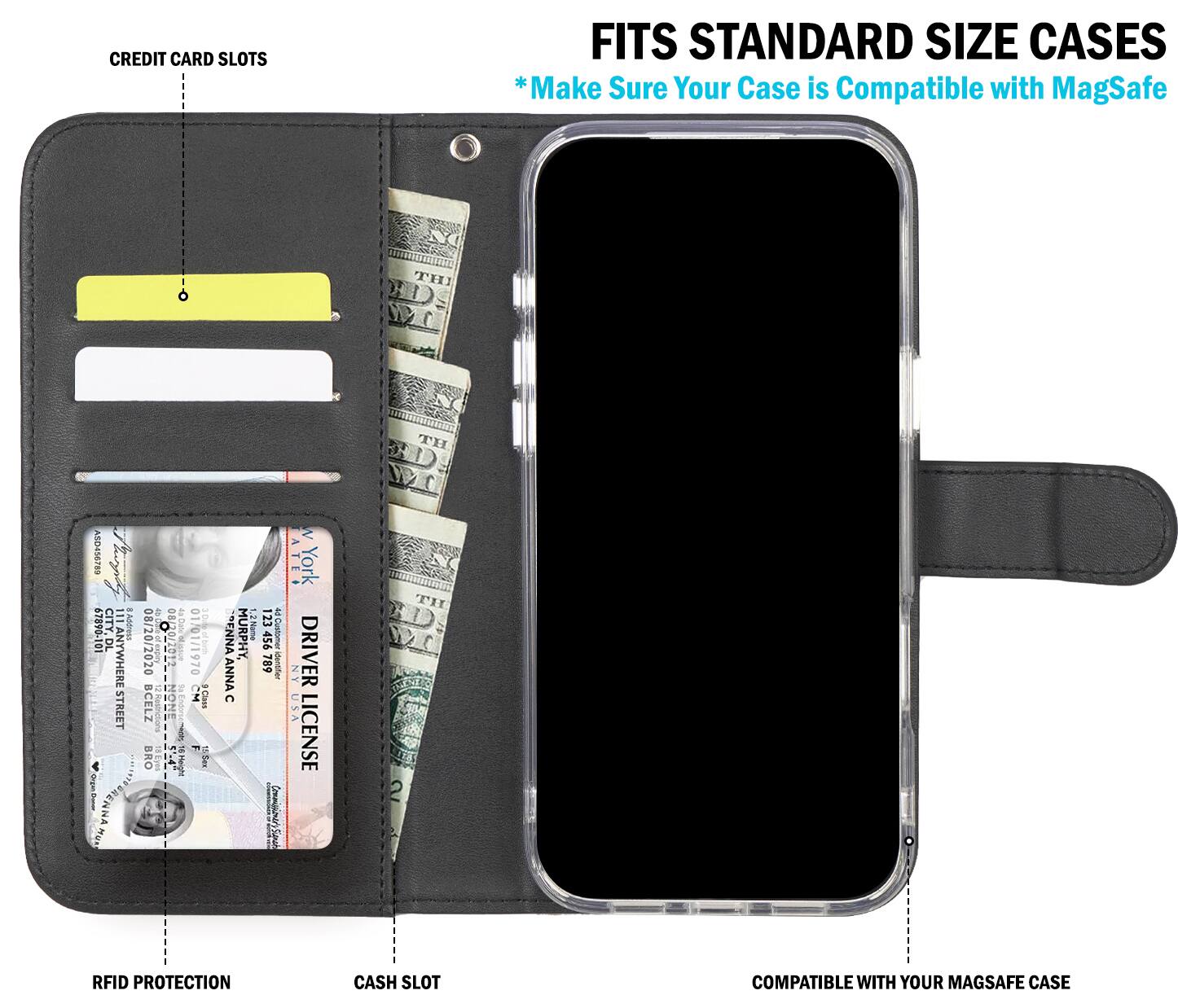 CREDIT CARD SLOTS FITS STANDARD SIZE CASES *Make Sure Your Case is Compatible with MagSafe

THI AS04SO7ED CITY, E 8Anbess 67890-101 2 JO 11ANYWHERE STREET 08 4600% 30 08/20/2020 I 08/20/1017 01/01/1970 30kobom - NONE Endos CM I BCELZ 2 Restrict I : BRO i Heigh 1Bms 1 : 123 MURPHY 2Name 456 AdCustomer ENNAANNA 789 dentier C V N ATE York - NY DRIVER USA LICENSE 2

E RFID PROTECTION CASH SLOT COMPATIBLE WITH YOUR MAGSAFE CASE