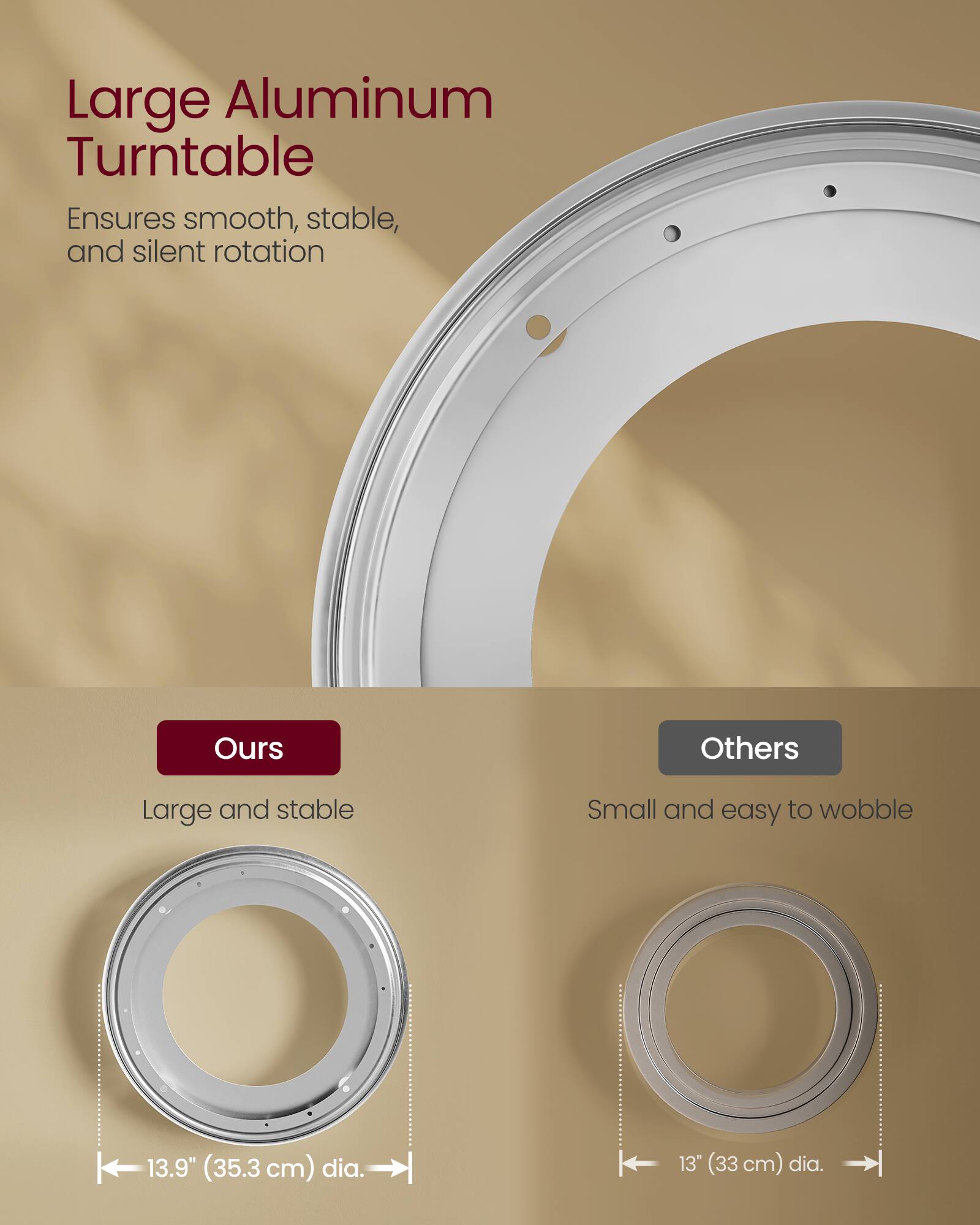 Large Aluminum Turntable  
Ensures smooth, stable, and silent rotation  

Ours  
Large and stable  
13.9" (35.3 cm) dia.  

Others  
Small and easy to wobble  
13" (33 cm) dia.