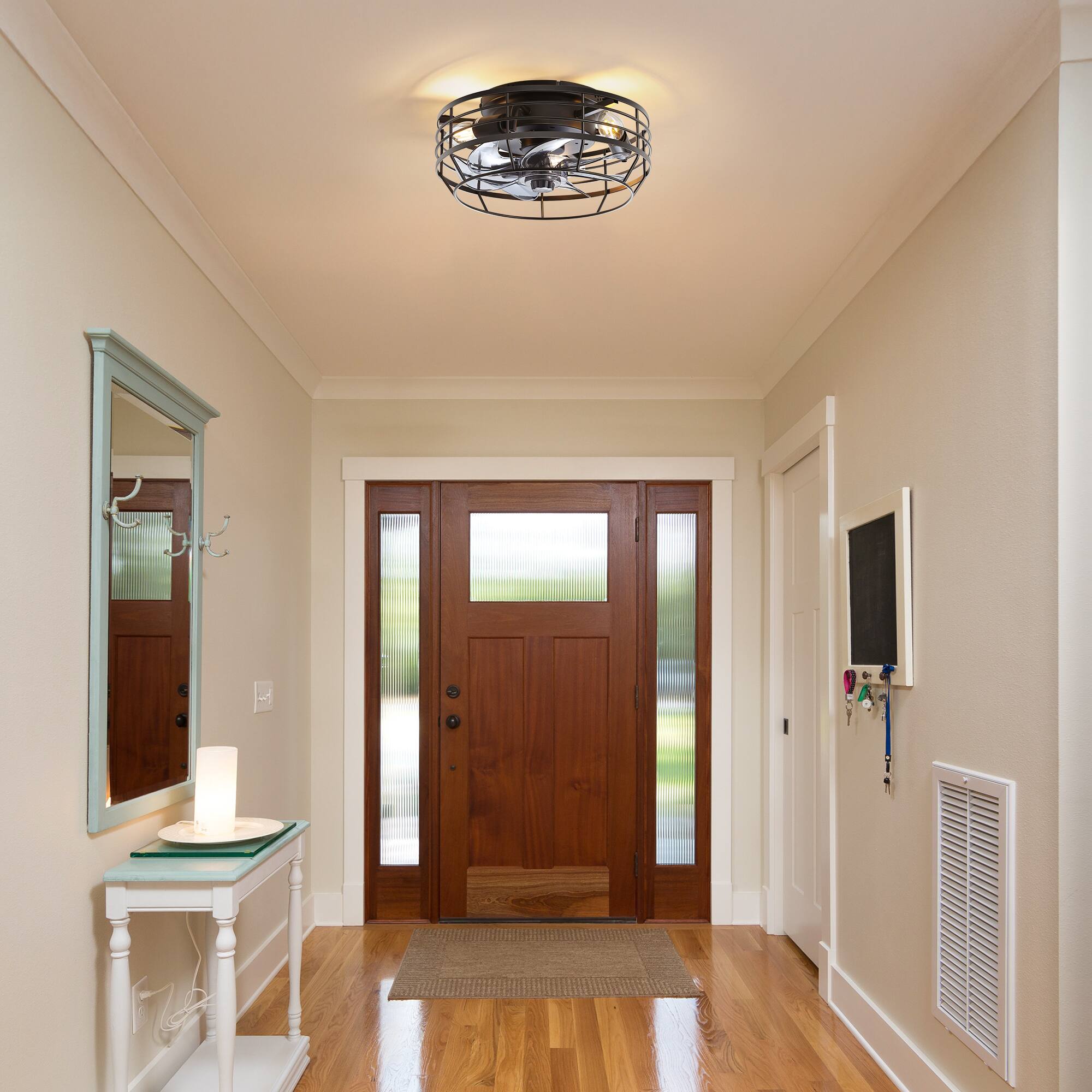 Alt View 1. Breezary - 12" Indoor Flush Mount Cage Ceiling Fan with Remote, 7 Blades, 6-Speed DC Motor, Timer & Memory, Compact for Small Rooms - Matte Black.