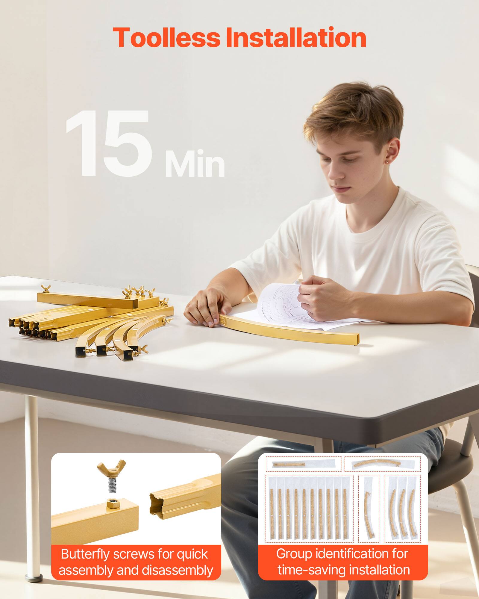 Toolless Installation  
15 Min  
Butterfly screws for quick assembly and disassembly  
Group identification for time-saving installation