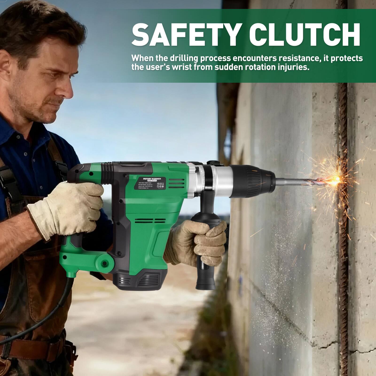 SAFETY CLUTCH  
When the drilling process encounters resistance, it protects the user's wrist from sudden rotation injuries.
