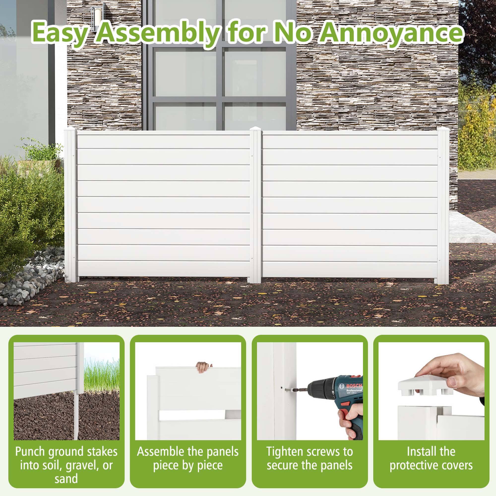 Easy Assembly for No Annoyance:

1. Assemble the panels into soil, gravel, or piece by piece sand.
2. Tighten screws to secure the panels.
3. Install the protective covers.