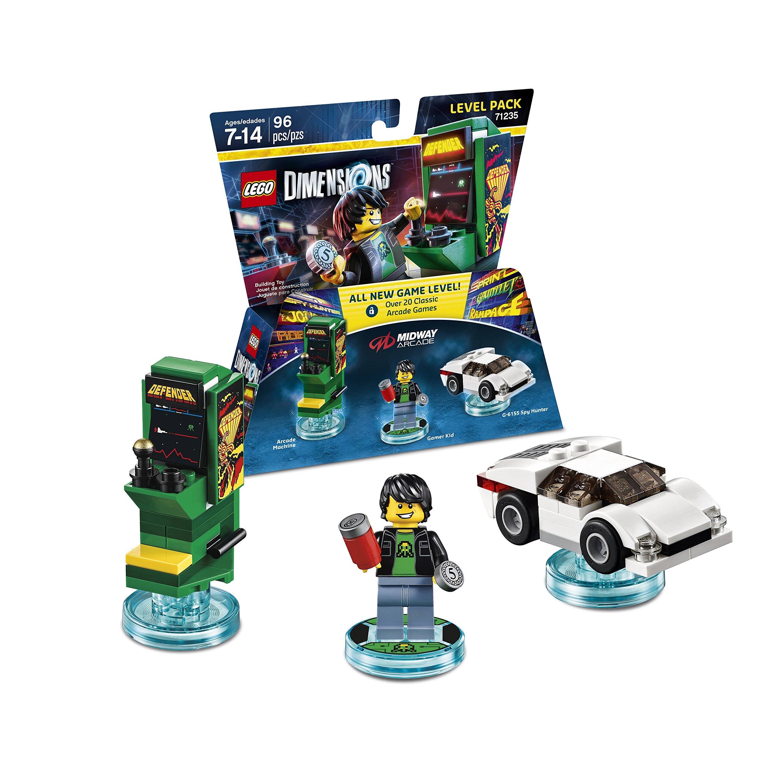 LEVEL PACK 71235  
Ages pes/edades 7-14  
96 pcs/pzs  

LEGO DIMENSIONS  
ALL NEW GAME LEVEL!  
Over 20 Classic Arcade Games  
MIDWAY ARCADE  
DEFENDER  
SPRINTLE  
G-195 Spy Hunter  

Building Toy  
Action  
Figure  
Arcade Machine  

Gamer Kid