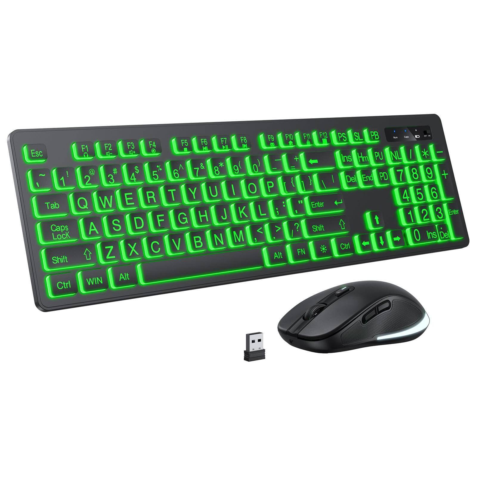 Cozy Serene - Large Print Wireless And Mouse - 7 Colors Backlit Oversize Letters Keys Easy To See Type Rechargeable With Light Up Key - Default