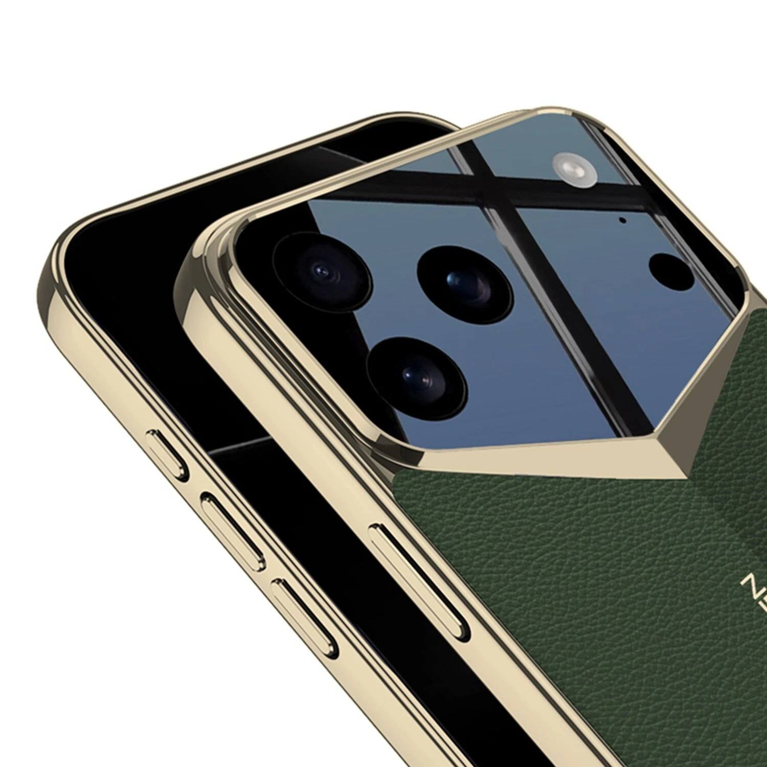 Left. Stock Preferred - iPhone 17 Pro Leather Case with Gold Electroplated Frame - Gold Black.