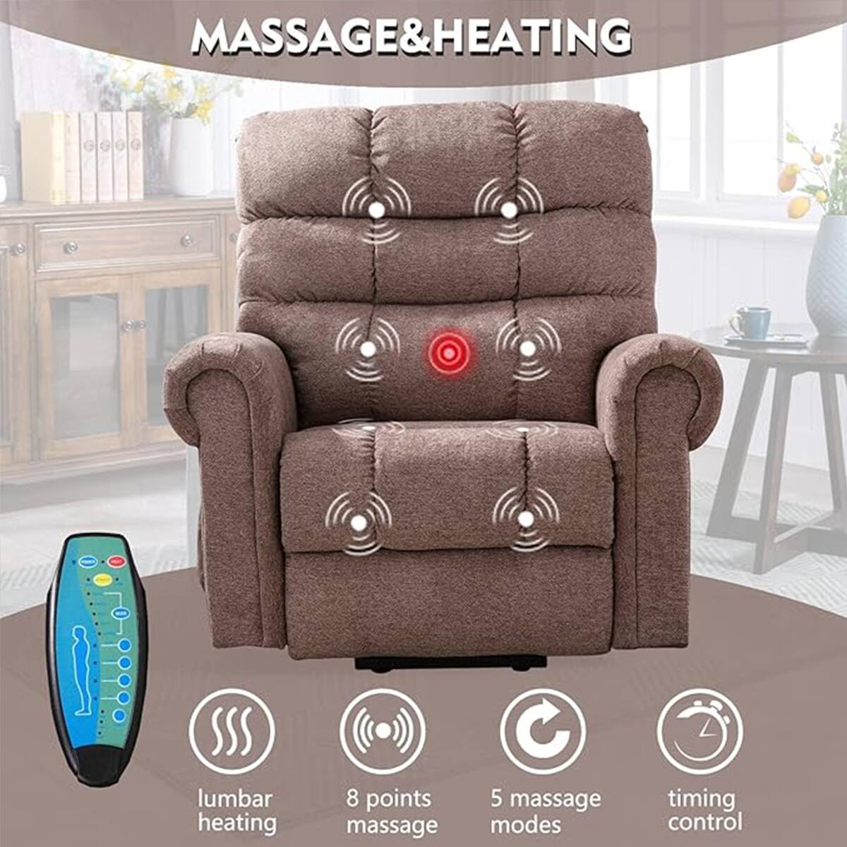 MASSAGE & HEATING: Lumbar heating with 8 points, massage with 5 massage modes, and timing control.