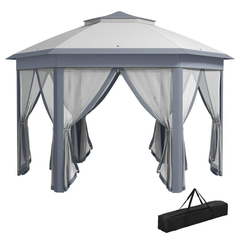Front. Spaco - Spaco 13'x13' Pop Up Gazebo Hexagonal Canopy Shelter,6 Zippered Mesh Netting - Grey.