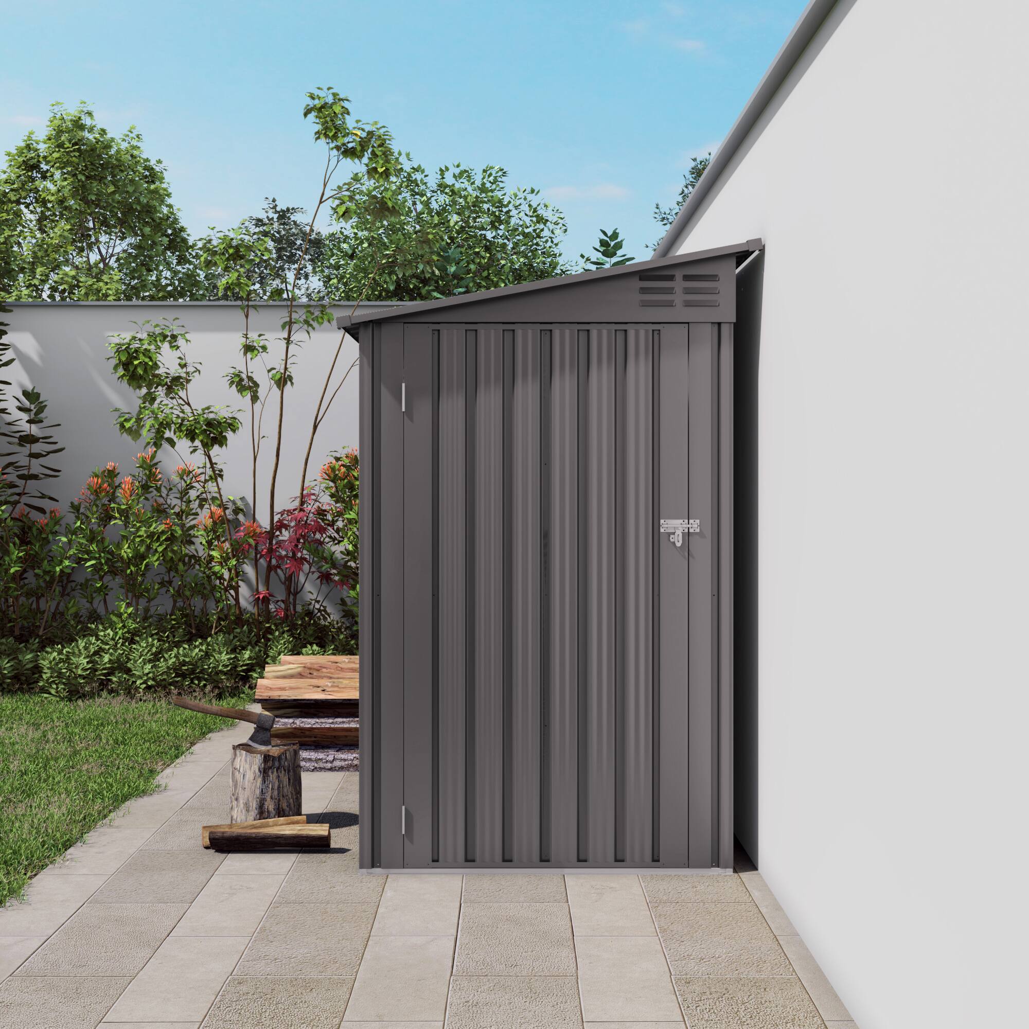 Angle. APRILSOUL - 4 x 9 FT Outdoor Storage Shed Metal Garden Shed Tool House with Sloping Roof 2 vents and 1 Side Open Door - Gray.