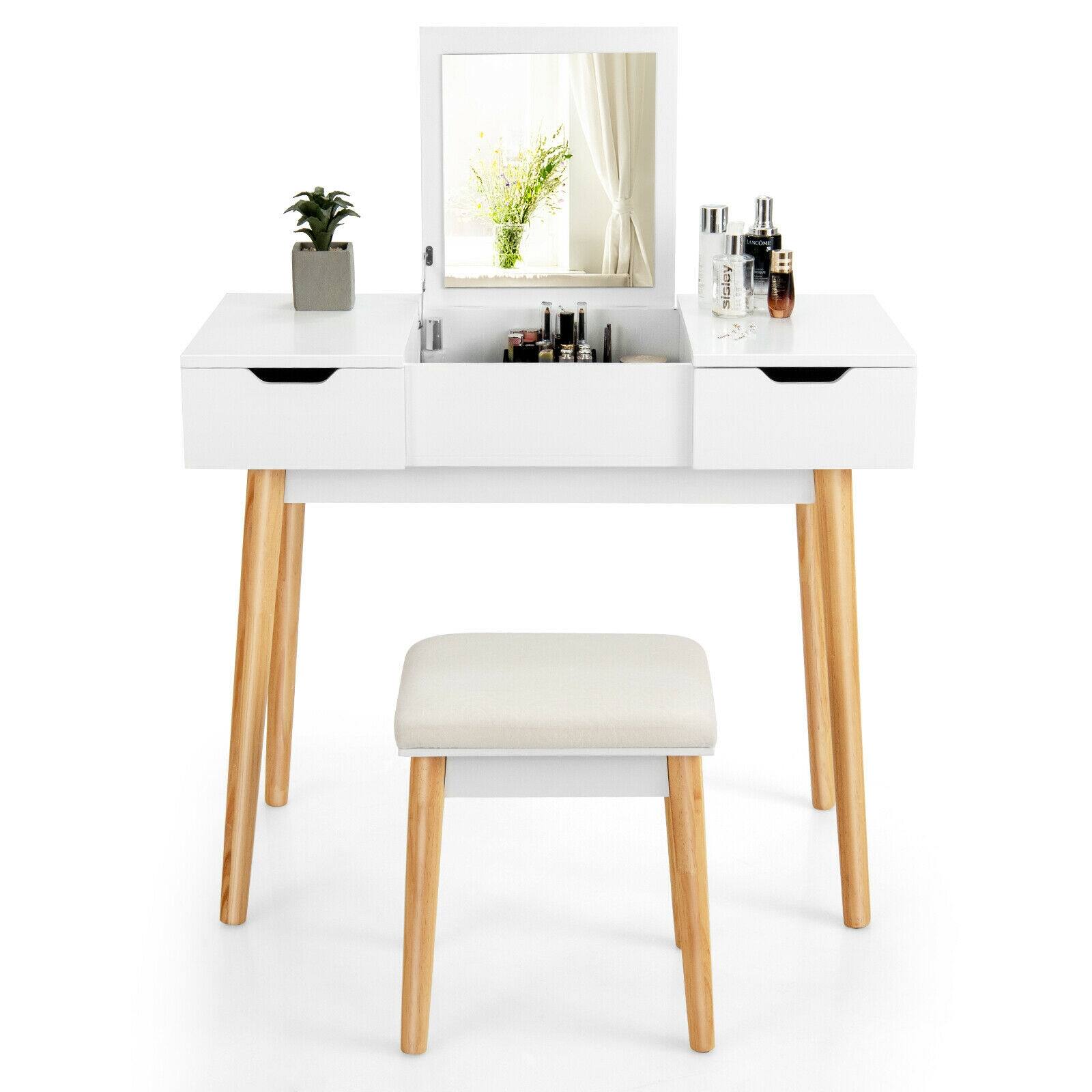 Back. SlickBlue - Vanity Desk with Flip Top Mirror and 2 Drawers for Bedroom Makeup - White.