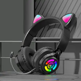 YONWAY - RGB Lighting Headphone, Cat Ear Gaming Headset, Foldable Over-Ear Wireless Bluetooth Headphones with Microphone