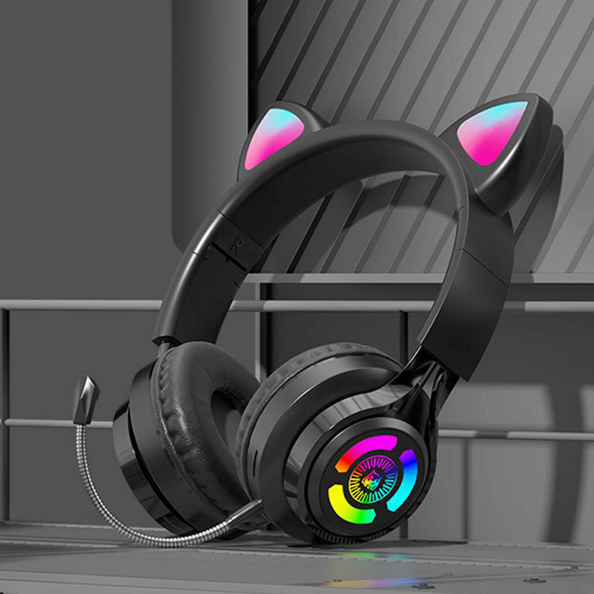 Front. YONWAY - RGB Lighting Headphone, Cat Ear Gaming Headset, Foldable Over-Ear Wireless Bluetooth Headphones with Microphone.