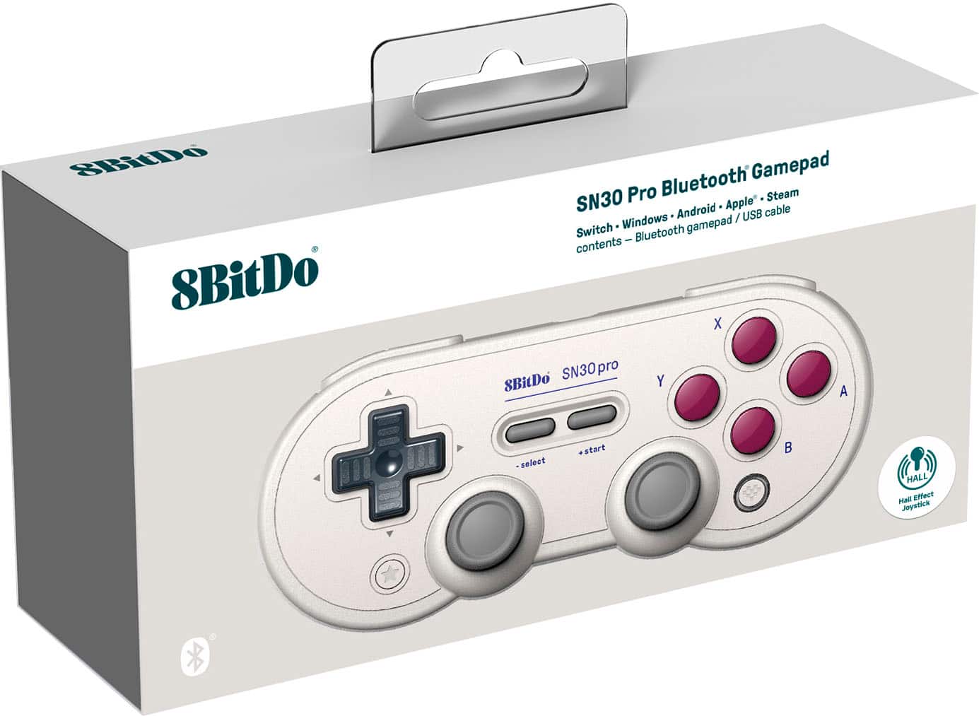 The text on the image reads: "8BitDo Bluetooth Gamepad SN30 Pro Apple Steam Android USB cable Windows / Switch Bluetooth gamepad."