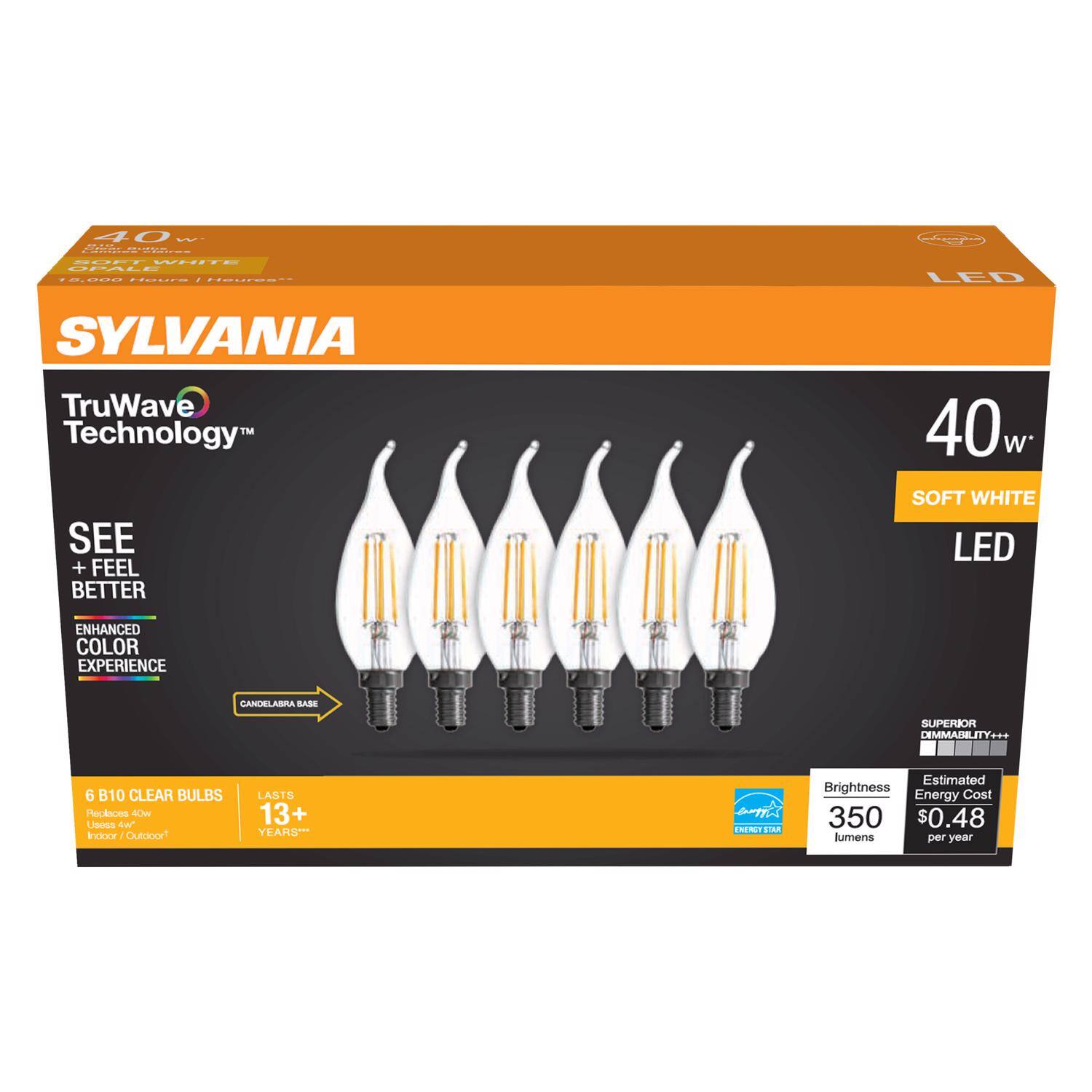 40 W BTB Setting  
SOFT WHITE OPALE 000 Hours Heures**  
LED  
SYLVANIA TruWave Technology SEE FEEL BETTER  
40w SOFT WHITE LED  
ENHANCED COLOR EXPERIENCE  
CANDELABRA BASE  
SUPERIOR DIMMABILITY+++  
6 B10 CLEAR BULBS Replaces 40w Uses "we Indoor Outdoor  
LASTS 13+ YEARS  
ENERGY STAR  
Estimated Brightness Cost Energy 350 $0.48 lumens per year