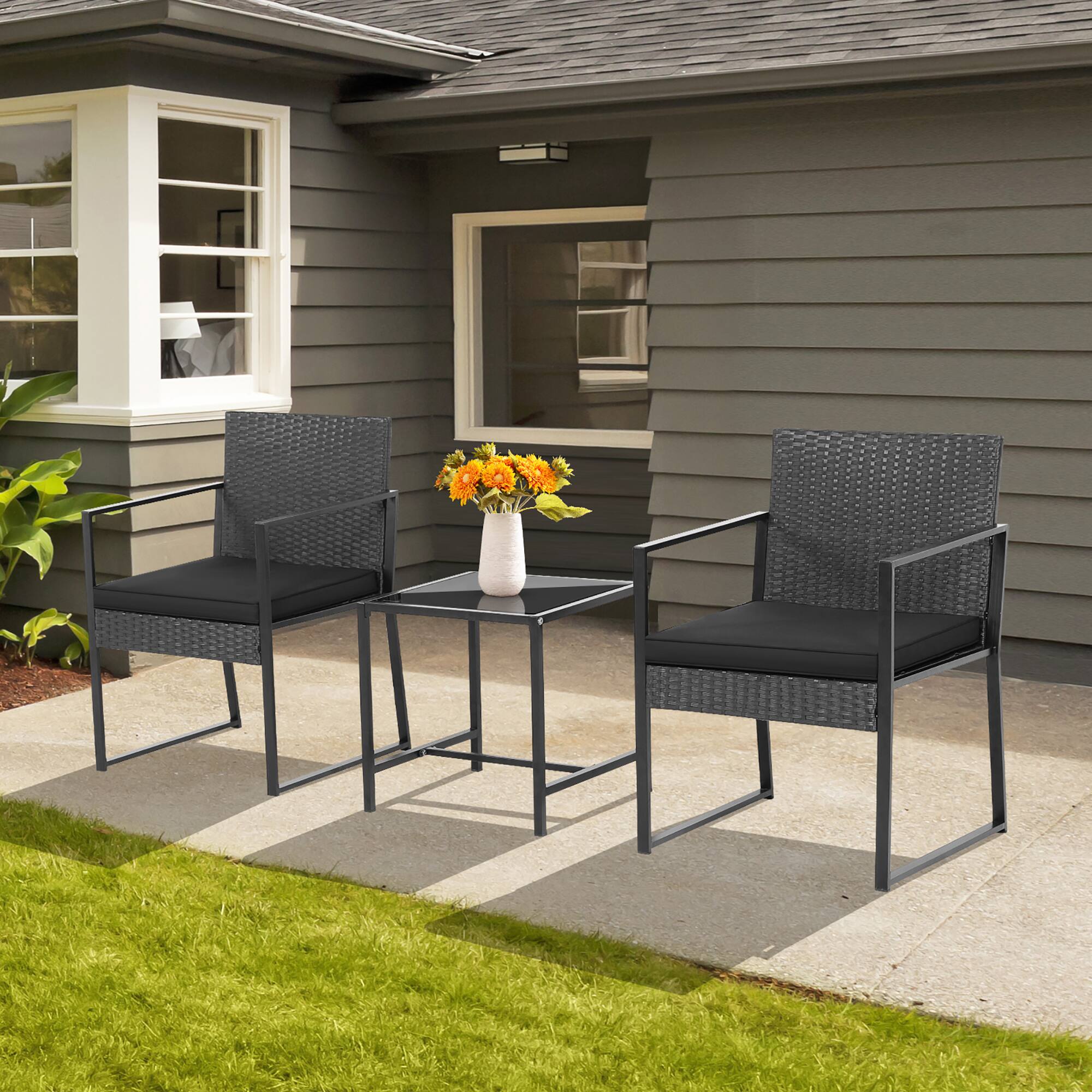 Alt View 2. Costway - Costway 3pcs Patio Furniture Set Heavy Duty Cushioned Wicker Rattan Chairs Table Outdoor - Black.