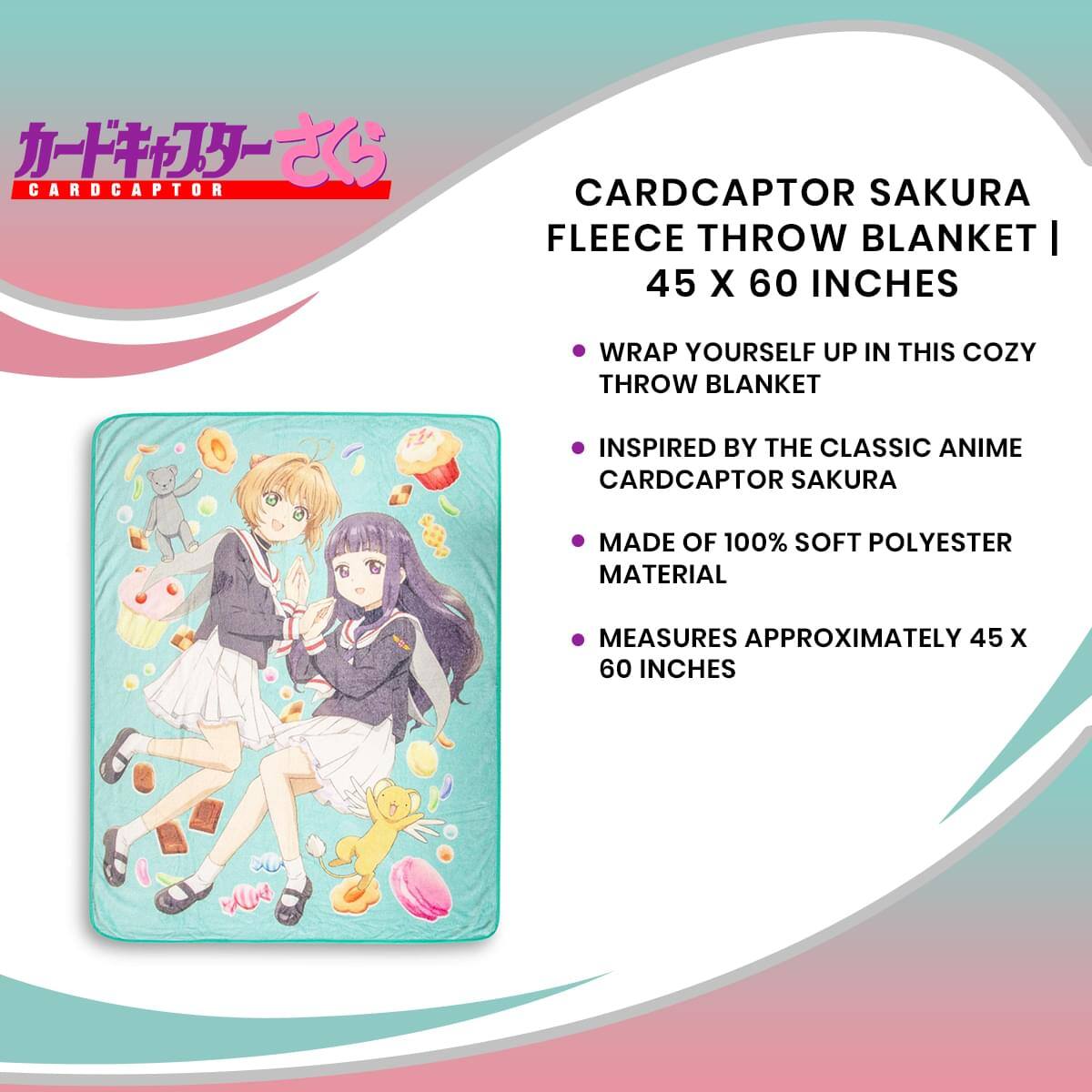 CARDCAPTOR SAKURA FLEECE THROW BLANKET | 45 X 60 INCHES

- WRAP YOURSELF UP IN THIS COZY THROW BLANKET
- INSPIRED BY THE CLASSIC ANIME CARD CAPTOR SAKURA
- MADE OF 100% SOFT POLYESTER MATERIAL
- MEASURES APPROXIMATELY 45 X 60 INCHES