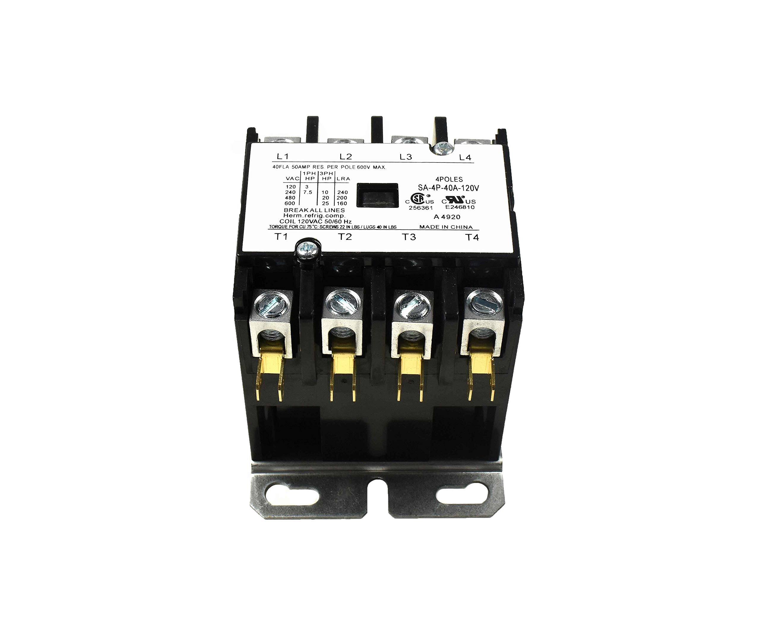 L1 L2 L3 L4  
BUELA SOAMP RES POLE SOOV MAK 1PH SPR VAC HP HP LRA 4POLES 120 a SA-4P-40A-120V 282 P4 16 240 AE 20 200 S LR 400 2n 1a C au US 256M1 L240810  
BREAKALL ALL LINES  
Herm refrig comp A 4920 COIL 20VAC SO/BO H TOMOUAE AT A BALM b2 LLARS - B.LDS MADE h CRINA T1 T2 T3 T4  

4POLES  
SA-4P-40A-120V  
256861 E246810  
A 4920  
MADE IN CHINA  

4NFLA 50AMP RES PER POLE 600V  
VAC HP LRA  
120 3 10 240  
208 3 10 240  
240 