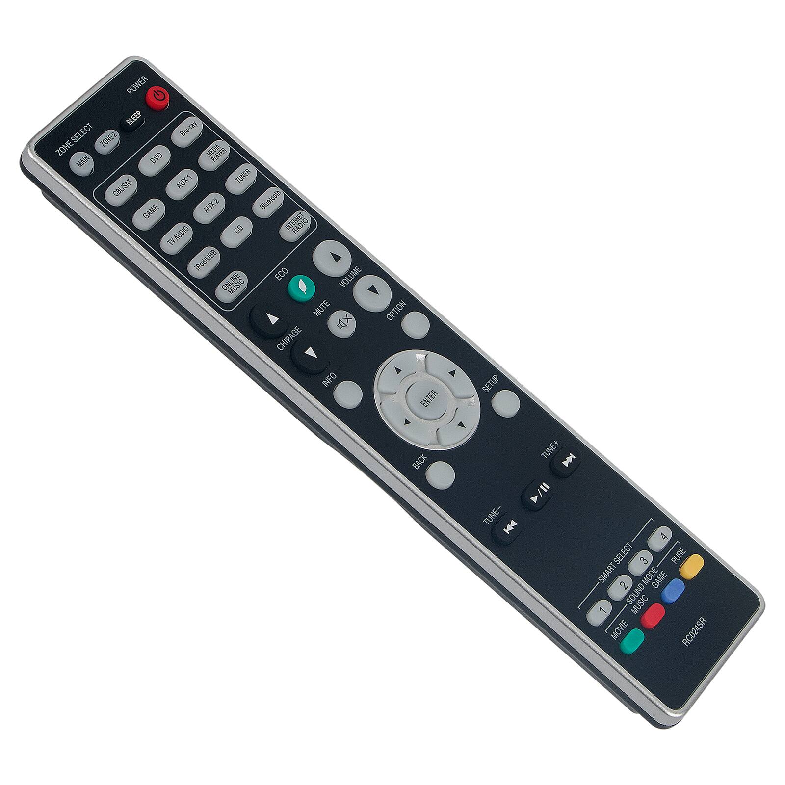 POWER  
SLIEP  
ZONE SELECT  
ZONE2  
MEDIA  
PLATHE  
MAN  
AUX1  
TUNER  
CRUEAT  
KUKR  
Blunosta  
GAME  
ASIO  
B  
TV  
PROUED  
COLNE  
ECO  
VOLUME  
MUTE  
CHIPAGE  
NFO  
OPTION  
ENTER  
SETUP  
BACK  
TUNE+  
TUNE-  
SMART  
SELECT  
SELECT 1  
PURE  
SMART  
MODE  
GAME  
2  
GNITOS  
MUSIC  
MOVIE  
RC024SR