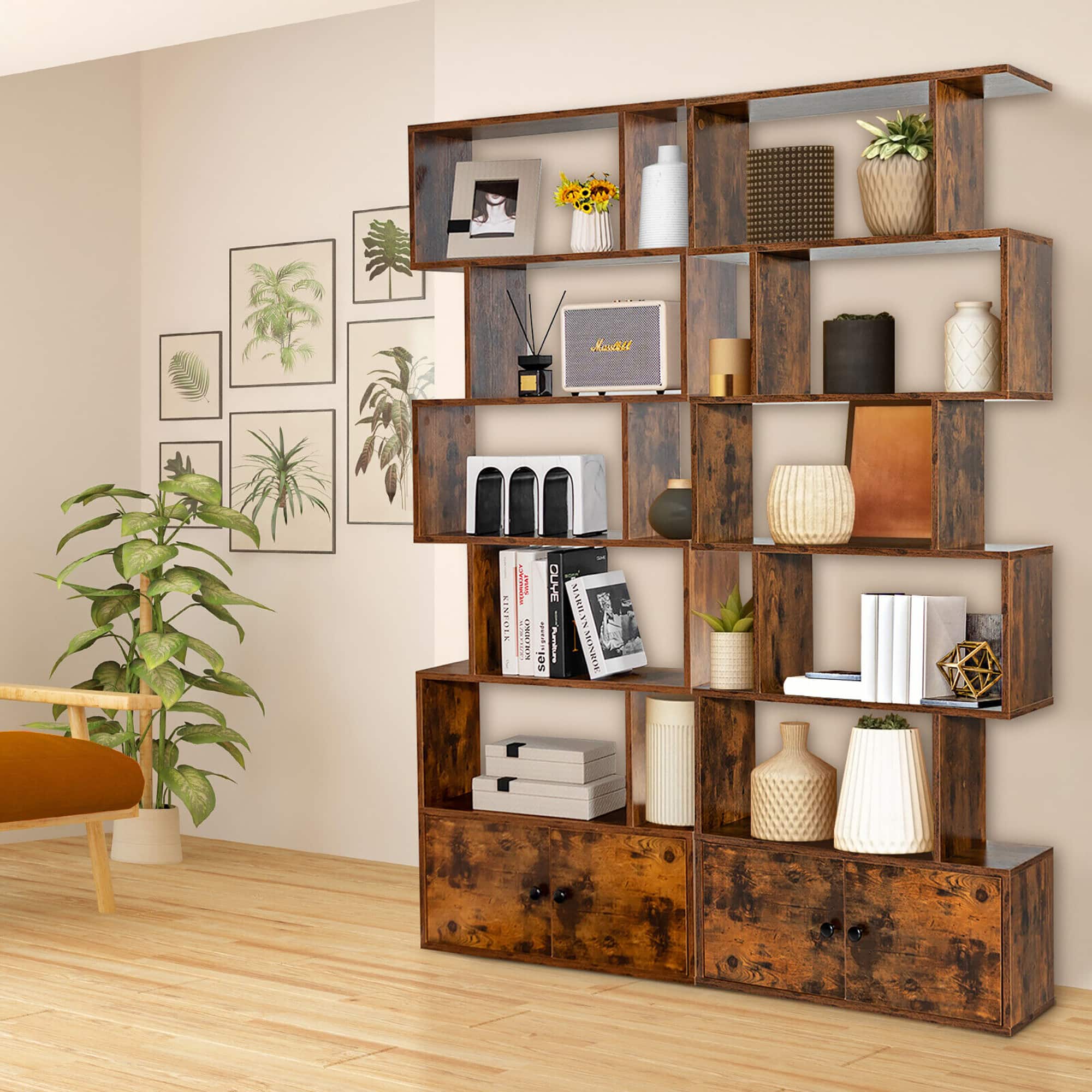 Gymax - 2 PCS Bookshelf w/ Cabinet 6-Tier S-Shaped Bookcase Storage Rack - Rustic Brown