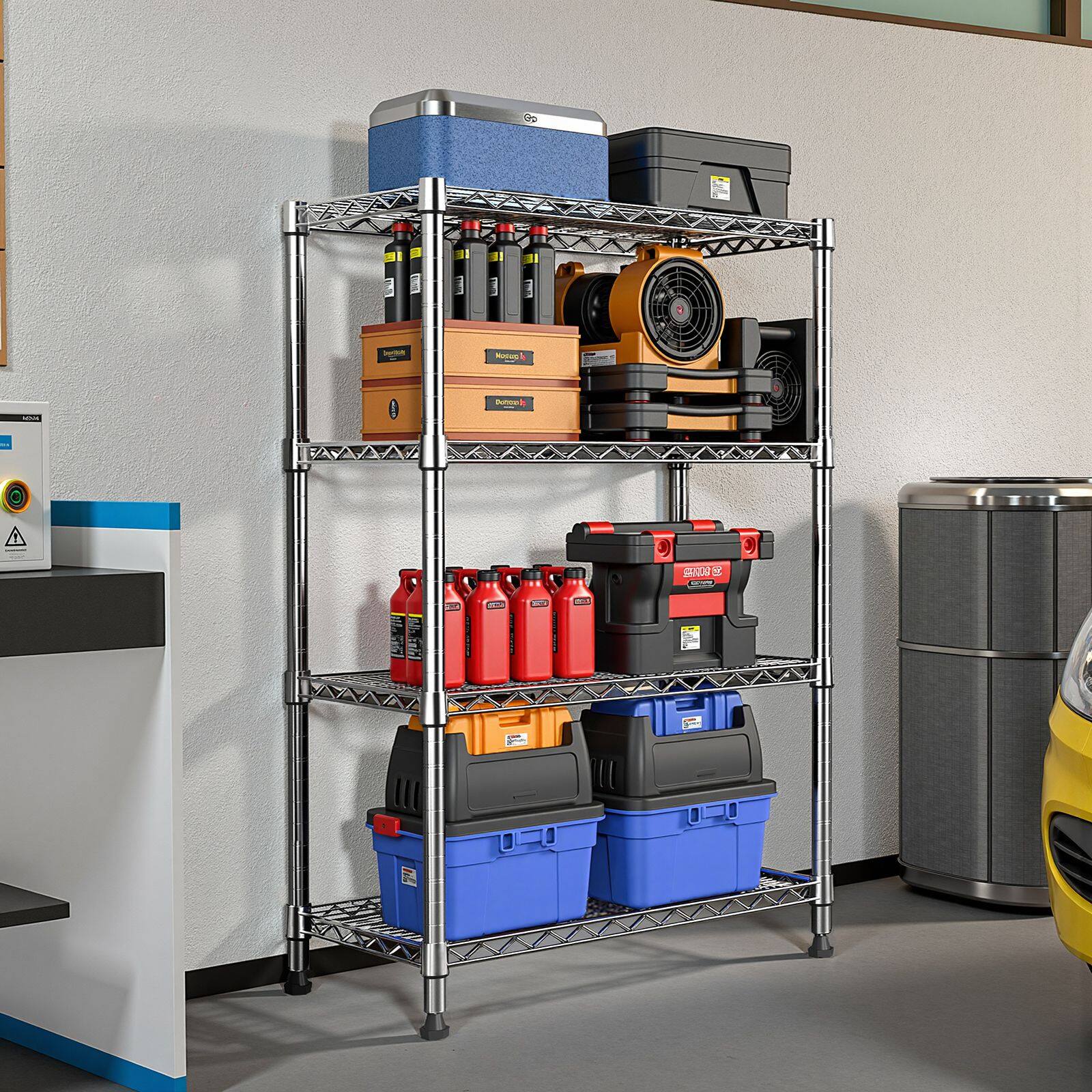 Left. Mirfee - 4-Tier Heavy Duty Steel Storage Shelving, 1000 LB Capacity Chrome Wire Rack, 47.2" H Utility Shelf with 29.5" W - Chrome.