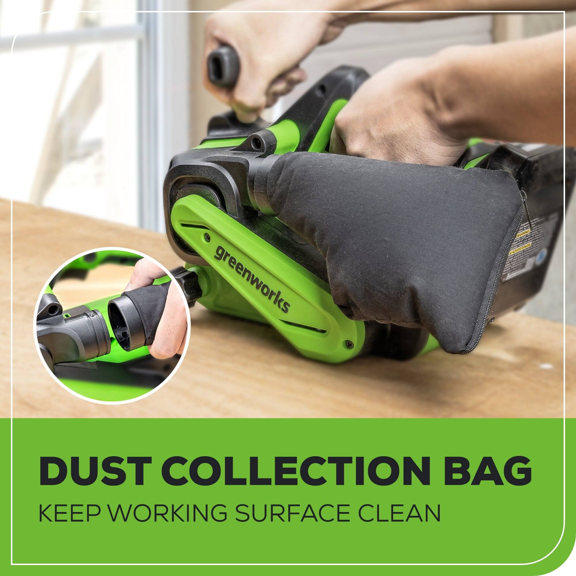 greenworks DUST COLLECTION BAG  
KEEP WORKING SURFACE CLEAN
