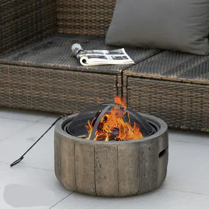 Front. Resenkos - 18 Inch Outdoor Fire Pit, Metal Wood Burning Fireplace with Spark Cover, Poker for Patio, Picnic, Backyard, Dark Brown.