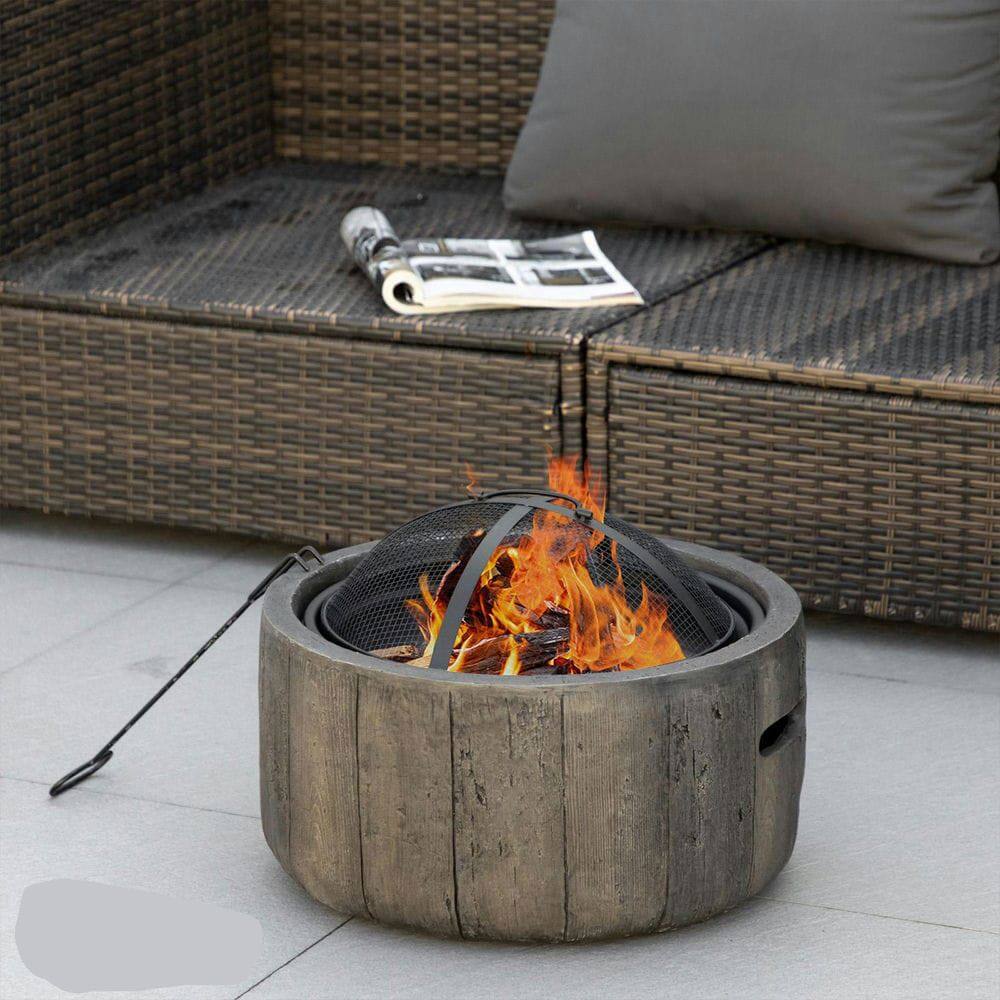 Front. Resenkos - 18 Inch Outdoor Fire Pit, Metal Wood Burning Fireplace with Spark Cover, Poker for Patio, Picnic, Backyard, Dark Brown.