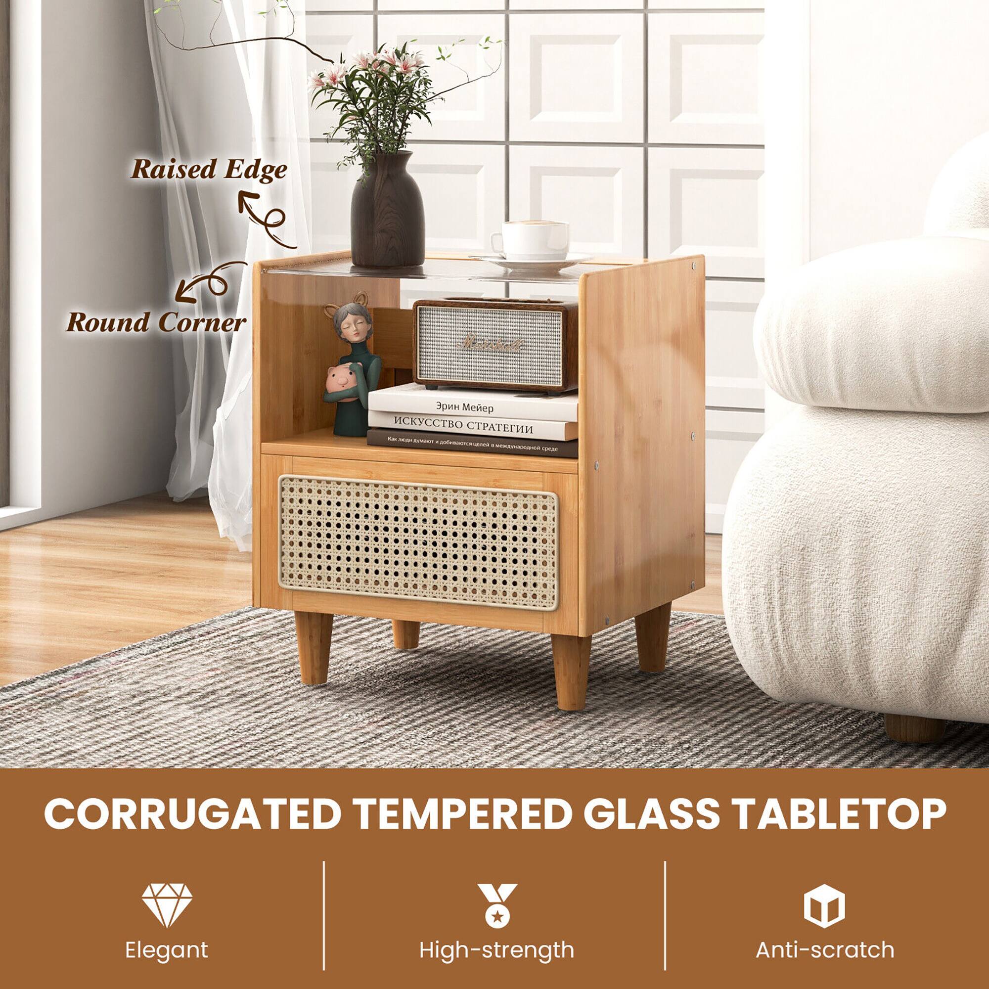 Corrugated tempered glass tabletop: Elegant, high-strength, anti-scratch.