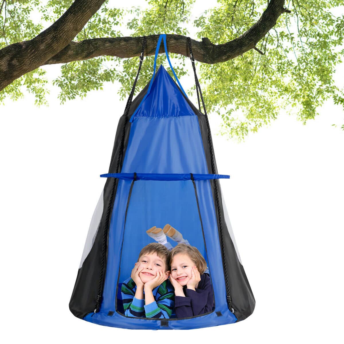 Gymax - 40'' Kids Hanging Chair Swing Tent Set Hammock Nest Pod Seat - Blue