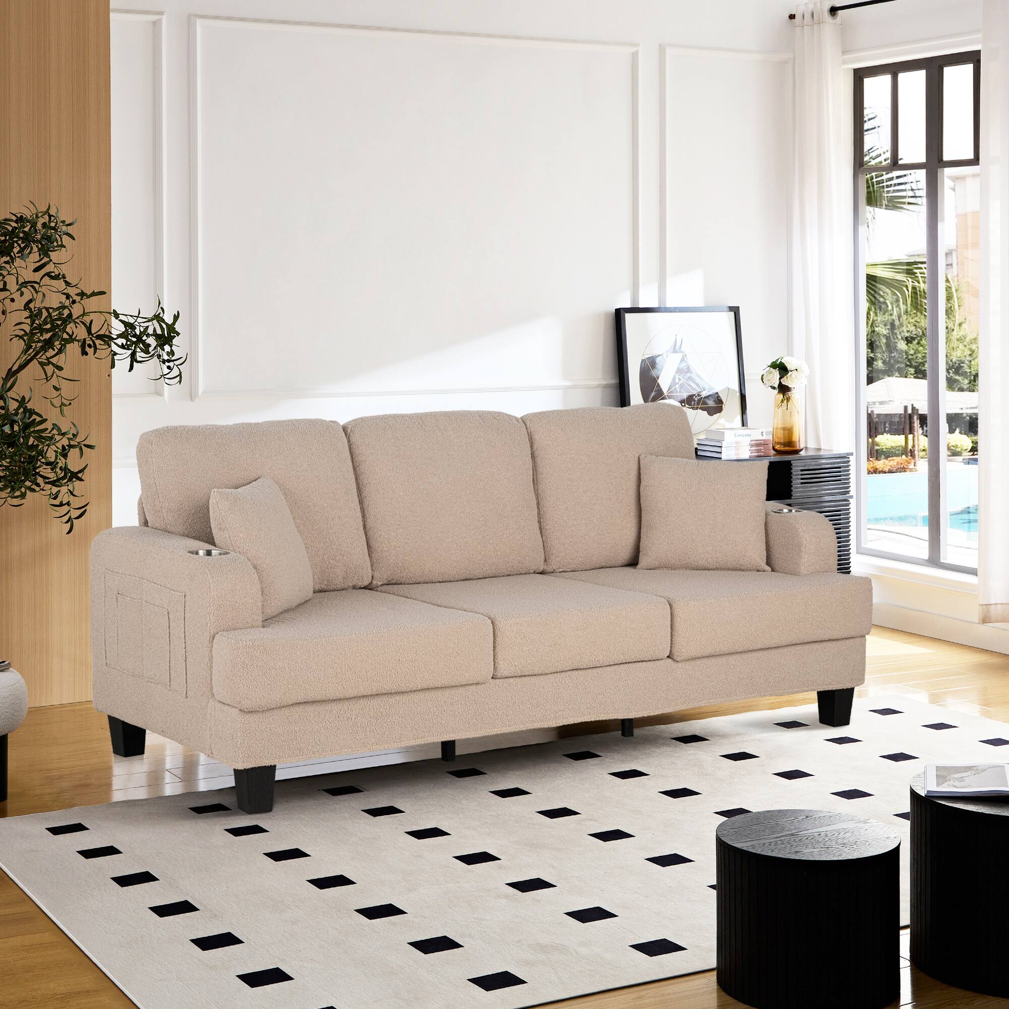 Back. Vaczon - 3-Seater Reclining Sofa with USB Port and Dual Cup Holders, Comfortable Fabric Couch for Living Room and Home Theater - Beige.