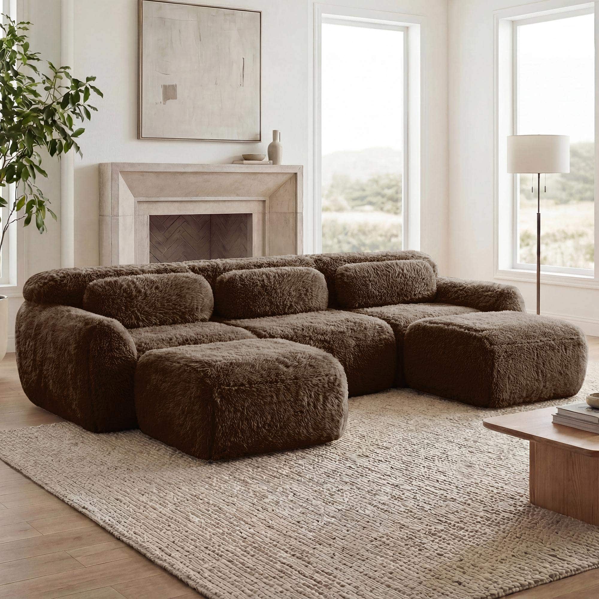 Roomtec - Ushaped Boneless Sofa 32D High Density Sponge Bottom AntiSlip Design With Chaise Free Combination Fullcompression - Chocolate