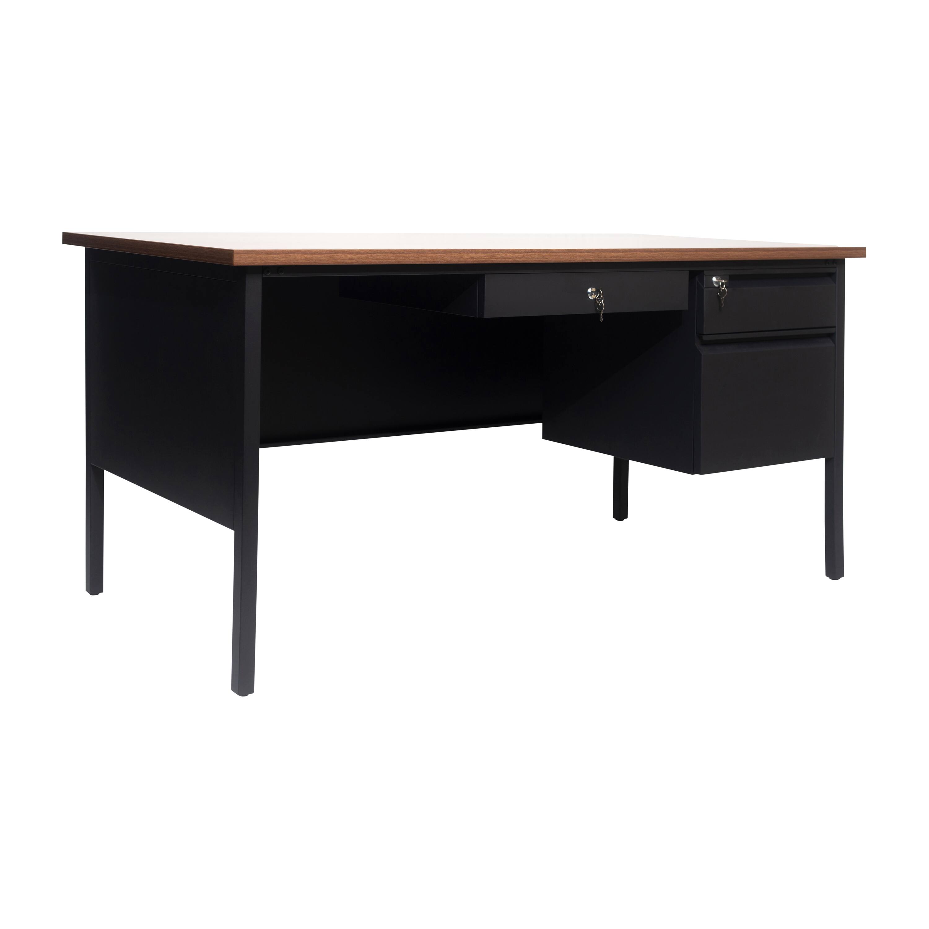 Flash Furniture - Cambridge Commercial Grade 30x60 Right Side Single Pedestal Desk with 3 Locking Drawers, Walnut Top and Black Frame - Brown