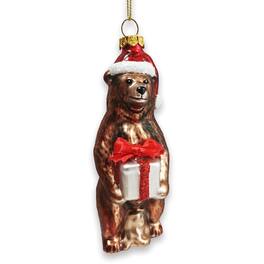 OrnamentallyYou - Grizzly Bear with Santa Hat and Gift Glass Christmas Ornament - Multi-colored