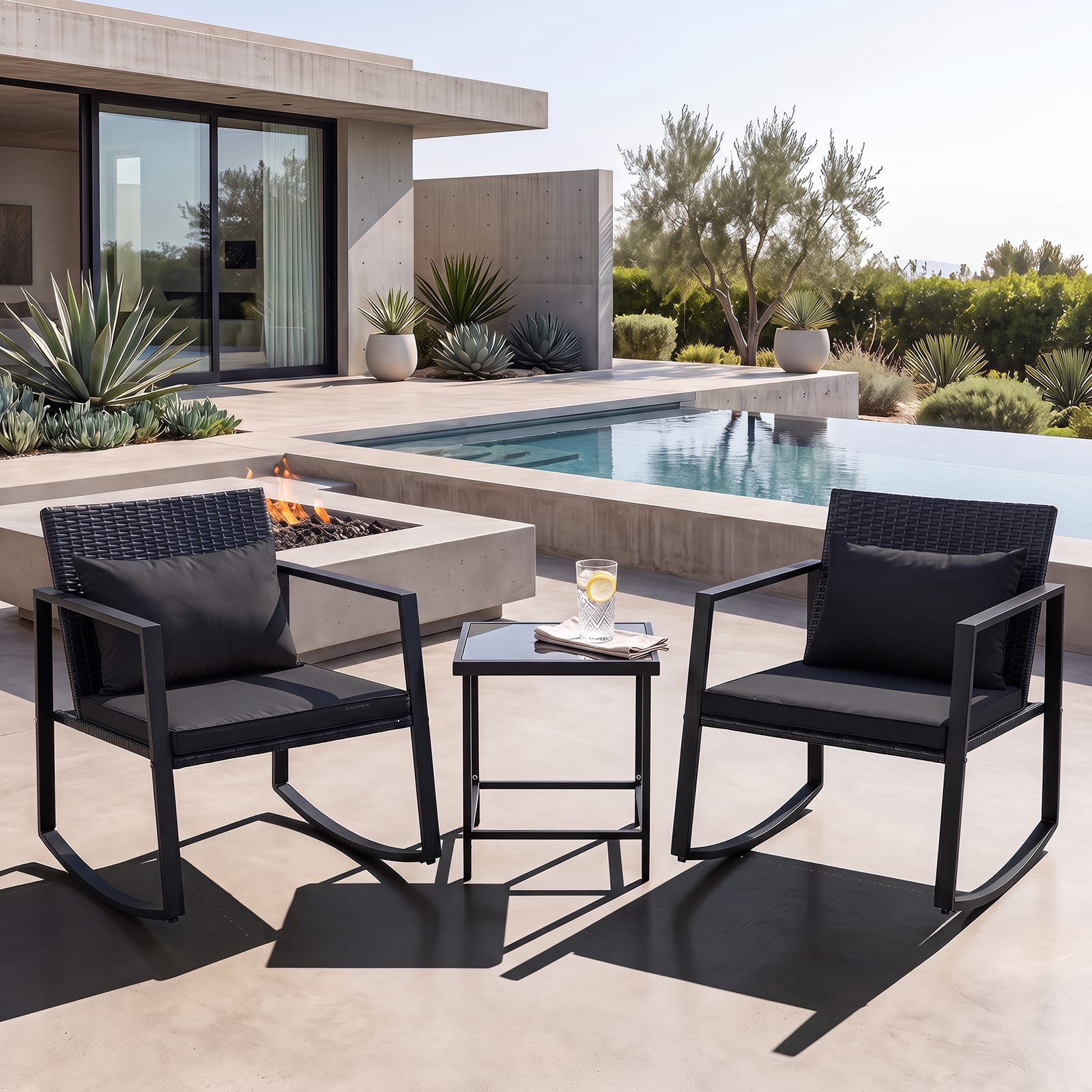 Costway - 3-Piece Outdoor Rattan Rocking Chair Set with Cushions and Tempered Glass Table, Metal Frame - Black,Beige