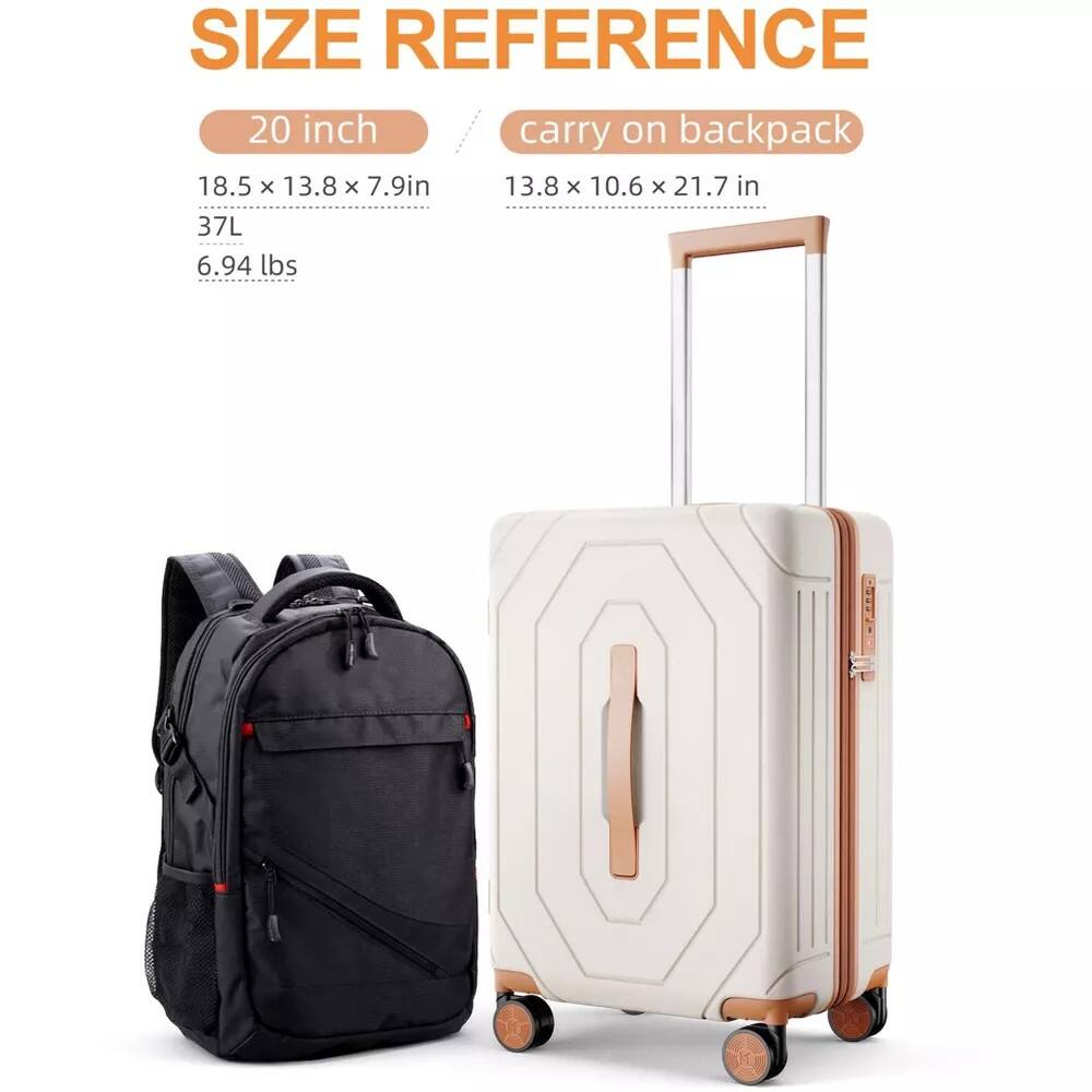 **SIZE REFERENCE**

- **20 inch**
  - 18.5 x 13.8 x 7.9 in
  - 37L
  - 6.94 lbs

- **carry on backpack**
  - 13.8 x 10.6 x 21.7 in