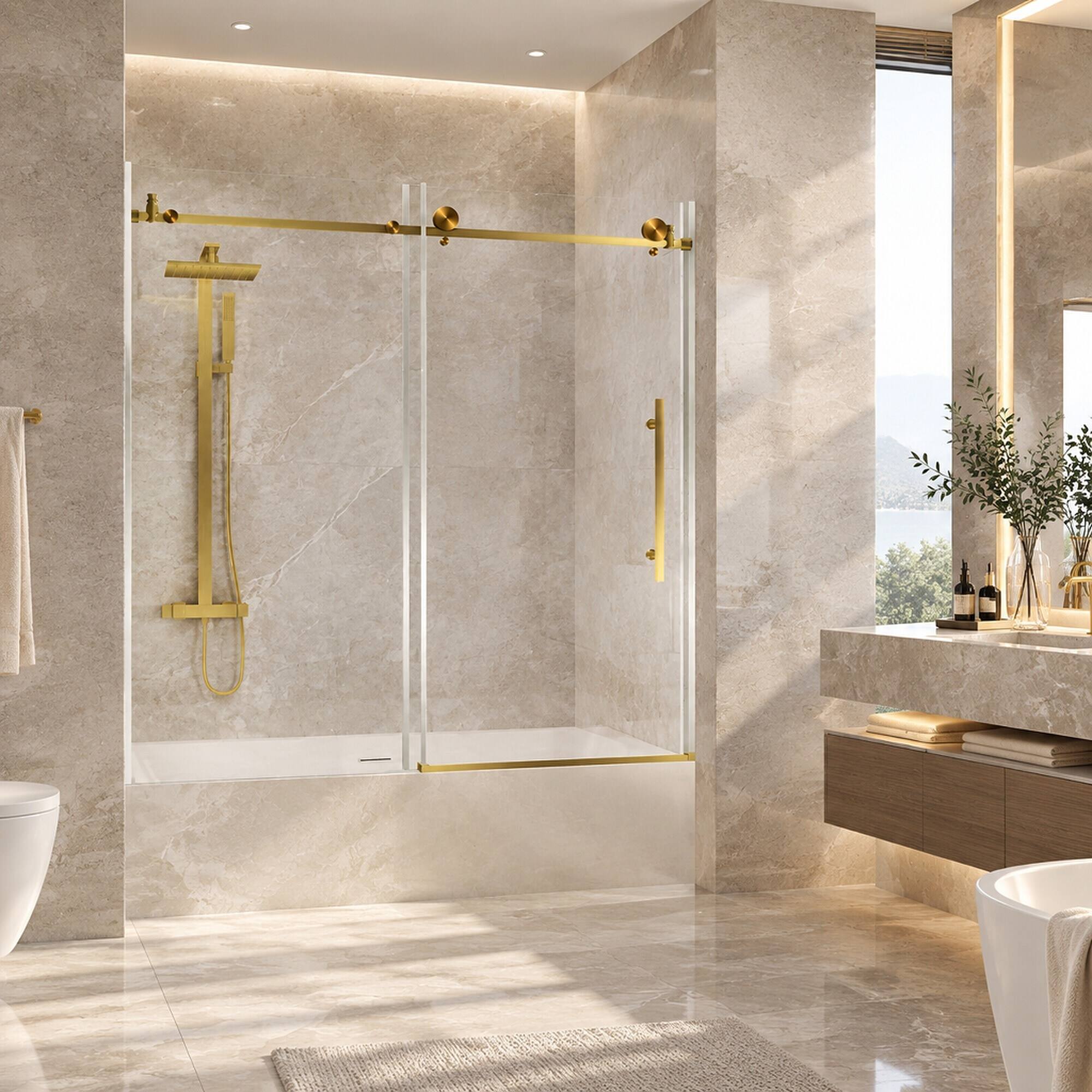 Angle. RYHNUYNE - Frameless Shower Door 56-60" W X 60" H With 1/4" Clear Tempered Glass, Brushed Gold Steel Handle - Brushed Gold.